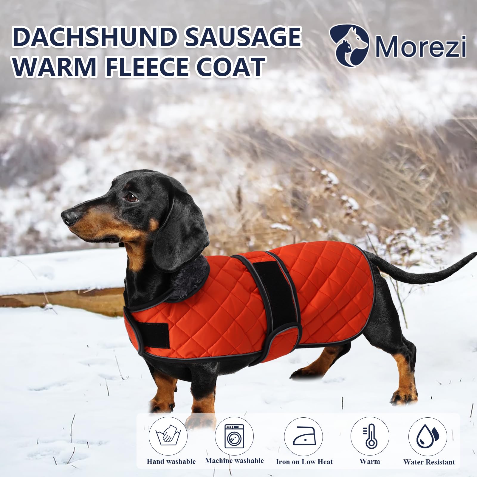 Morezi Dachshund Winter Coat - Padded Fleece Lining, Adjustable Bands - Orange - S, Small(Back: 36-38cm) - Image 2