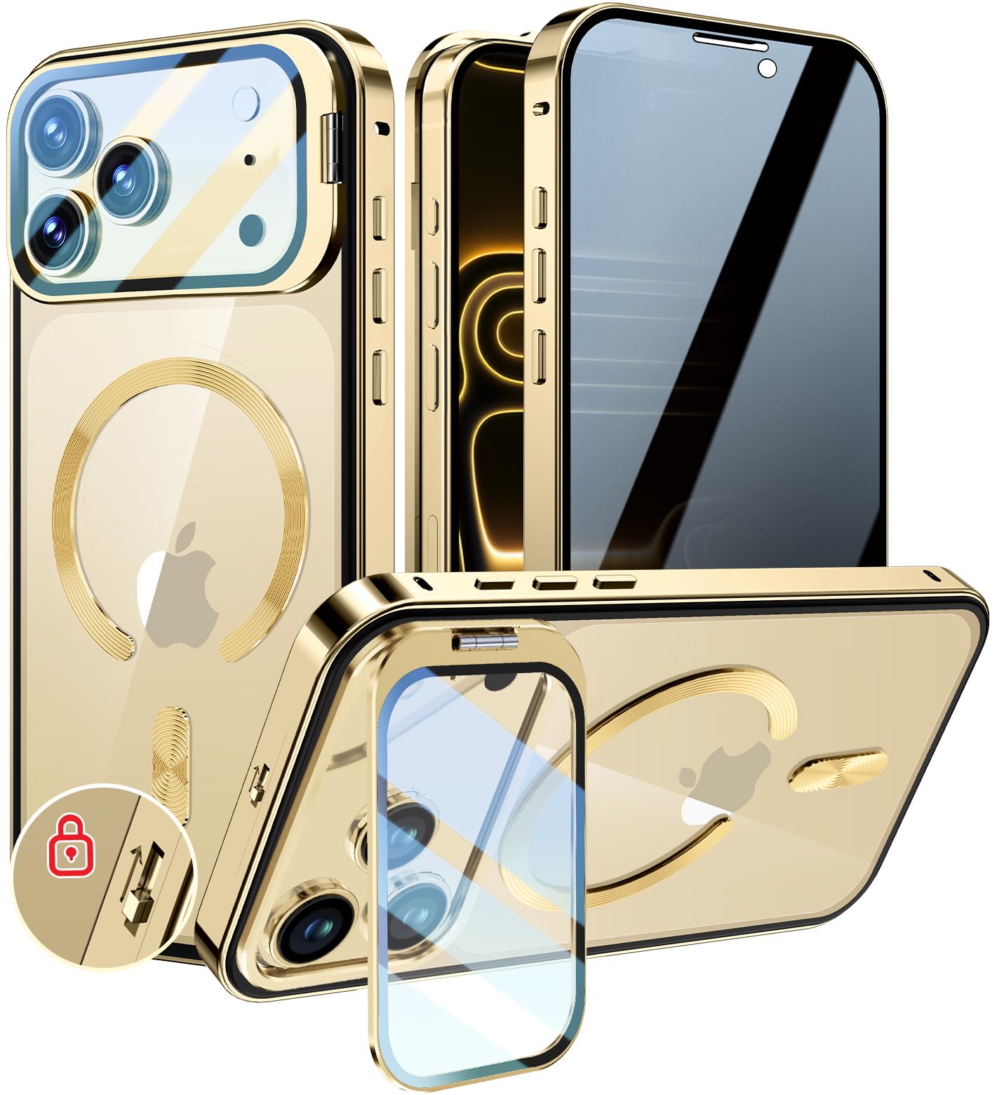 KELLCASE【カメラレンズ保護・スタンド+覗き見防止+MagSafe対応 】iPhone 17 Pro Max 用 ケース 全面保護 隠しスタンド付き ロック付き 両面 マグネット式 アイフォン17プロマックス カバー ストラップホール付き透明背面 メタルフレーム 磁石 ワイヤレス充電対応 9H強化ガラス 高感度タッチ あいふぉん17 promax 用 ケース 6.9インチ（ゴールド）