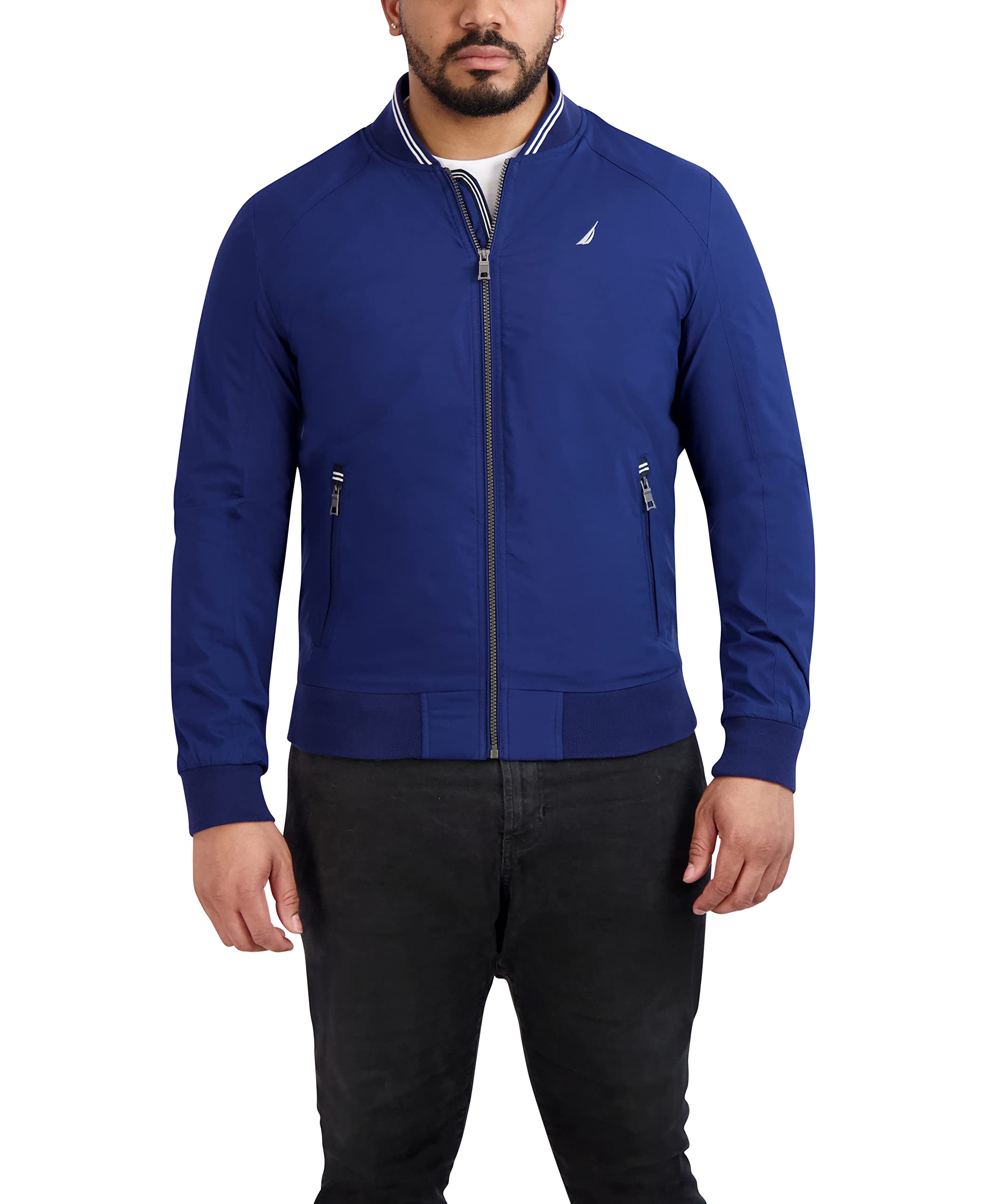 NauticaMen's Water Resistant Long Sleeve Zip Up Knit Mesh Collar Mechanical Stretch Jacket Lightweight Jacket