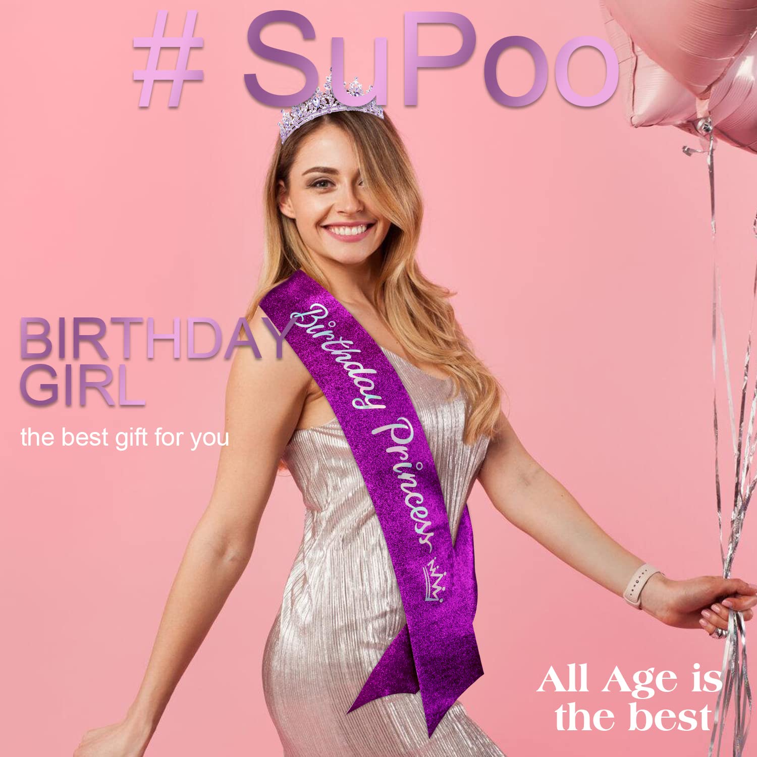 SuPoo Purple Birthday Sash and Crown Kit - Princess Tiara With Comb, Glitter Sash for Women, Crystal Headband for Girls - Happy Birthday Decorations Gifts - Image 3