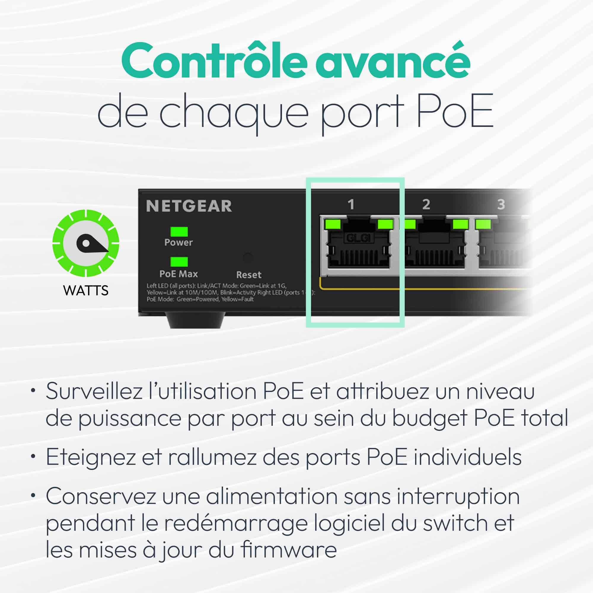 NETGEAR Smart Switch manageable Easy Gigabit Ethernet 8 Ports avec PoE+ - avec 8 Ports PoE+ 62 W, sans Ventilateur, Montage sur Un Bureau ou au Mur (GS108EP)