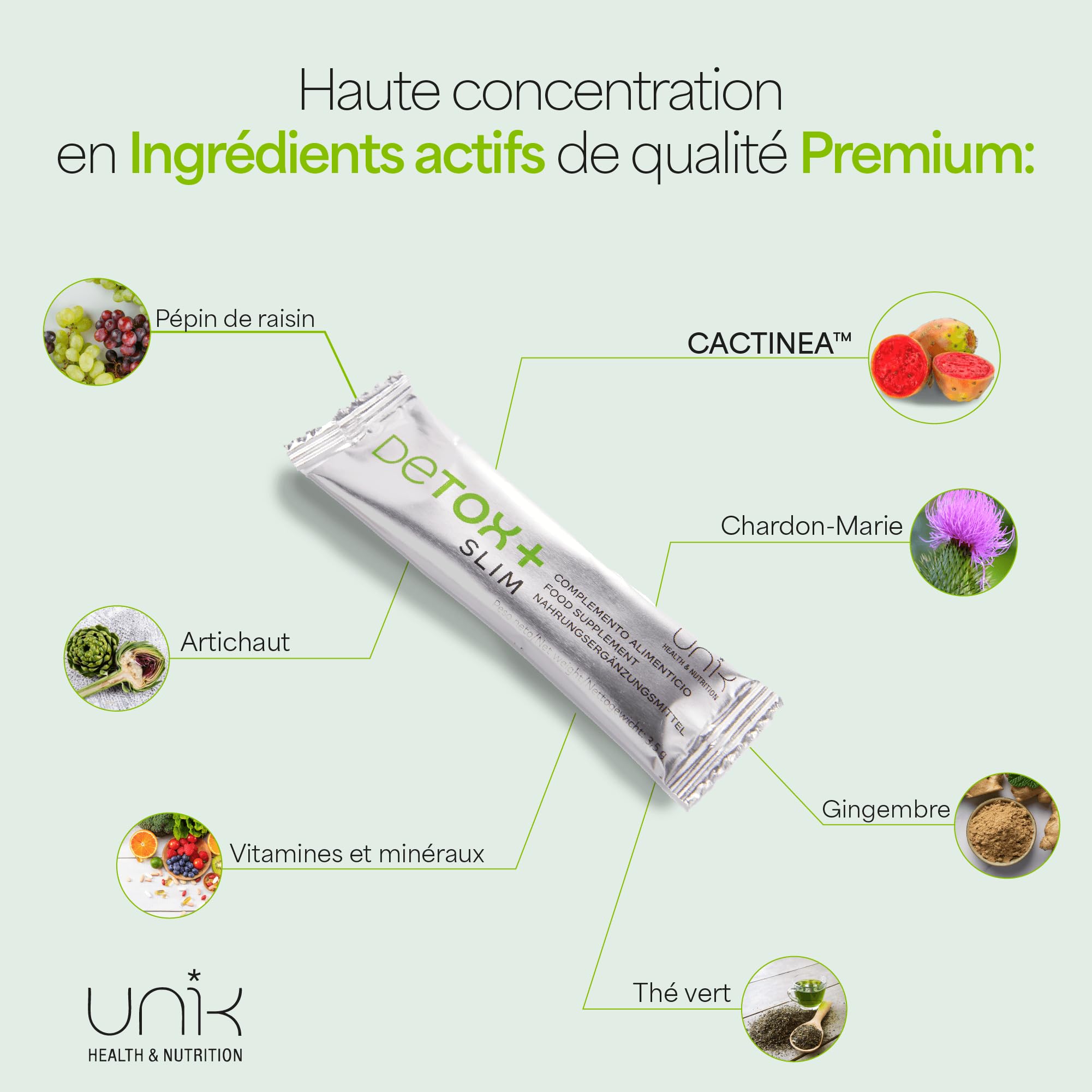 Detox Foie et Colon Puissant et Rapide avec Chardon Marie + Artichaut + Cactinéa + Raisin + Gingembre – Complément Détox Foie & Bien-être Global Cure Detox - 20 Sticks Goût Mangue | UNIK