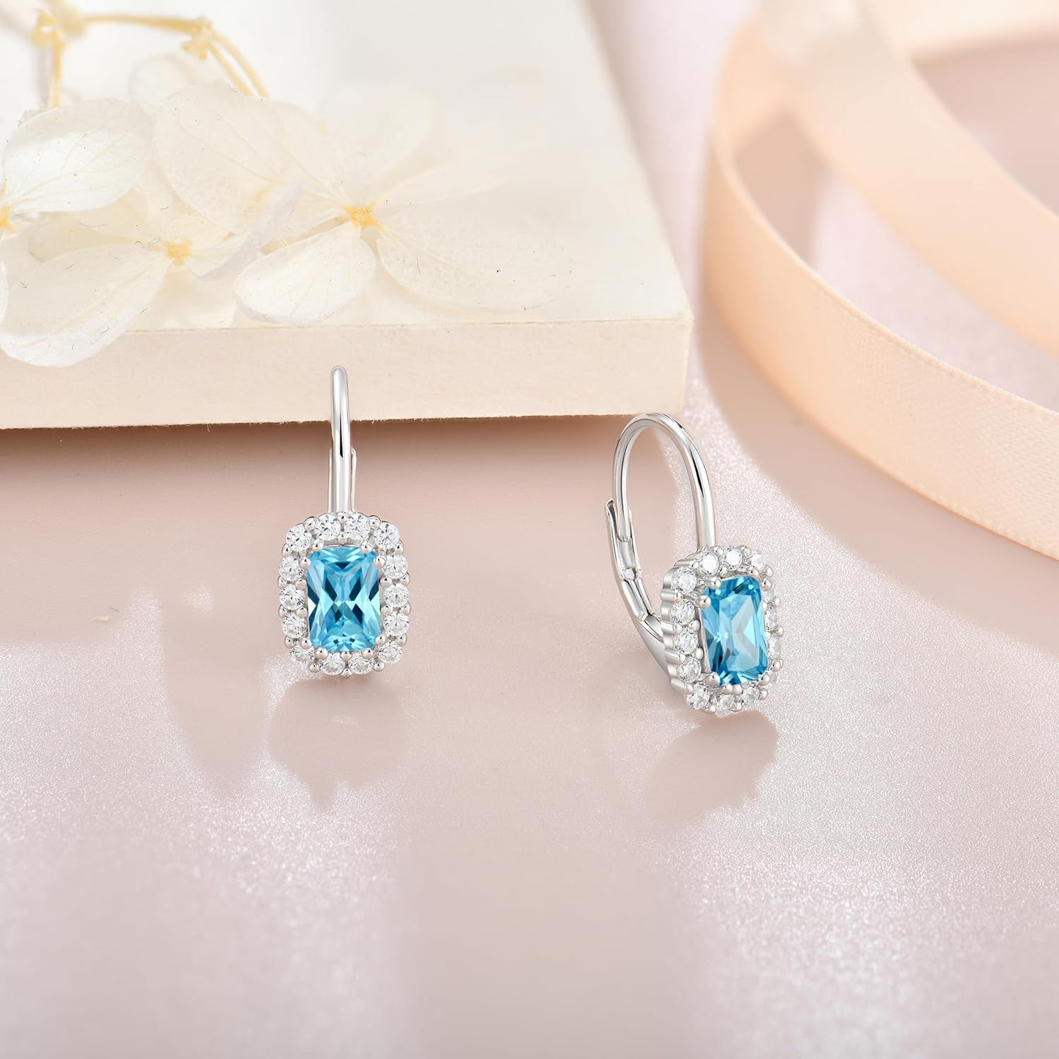 Rectangle Birthstone Earring for Women Cubic Zirconia Halo Drop Earrings, 925 Sterling Silver Emerald Cut Dainty Women's Jewelry Gift - Image 4