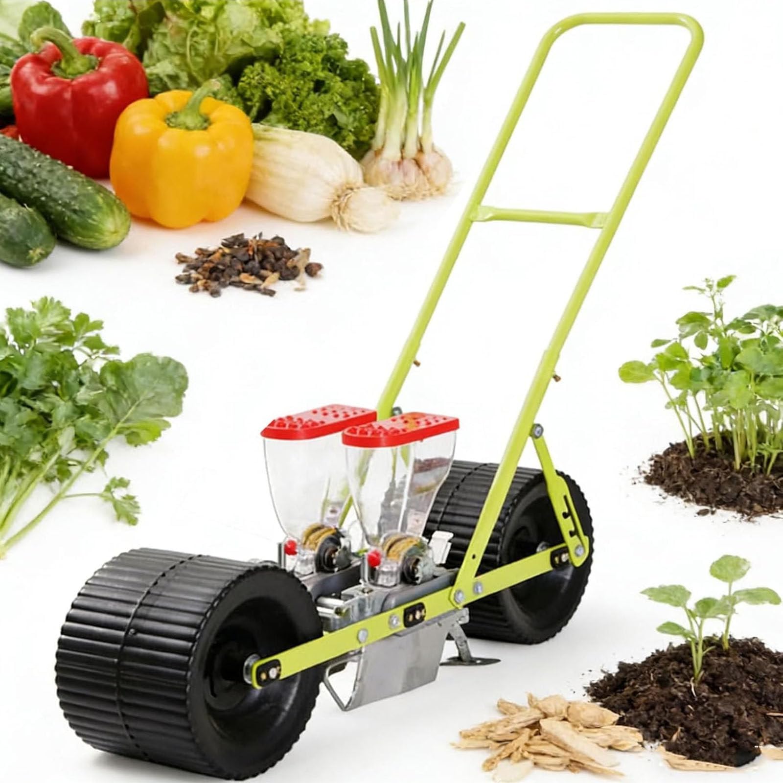 Drmoxin Hand-Pushed Vegetable Planter,Adjustable Row Spacing/Plant Spacing/Depth,Hand Push Seeder with Wheels,for Sowing Corn Leeks Spinach Radishes, Leeks 2row
