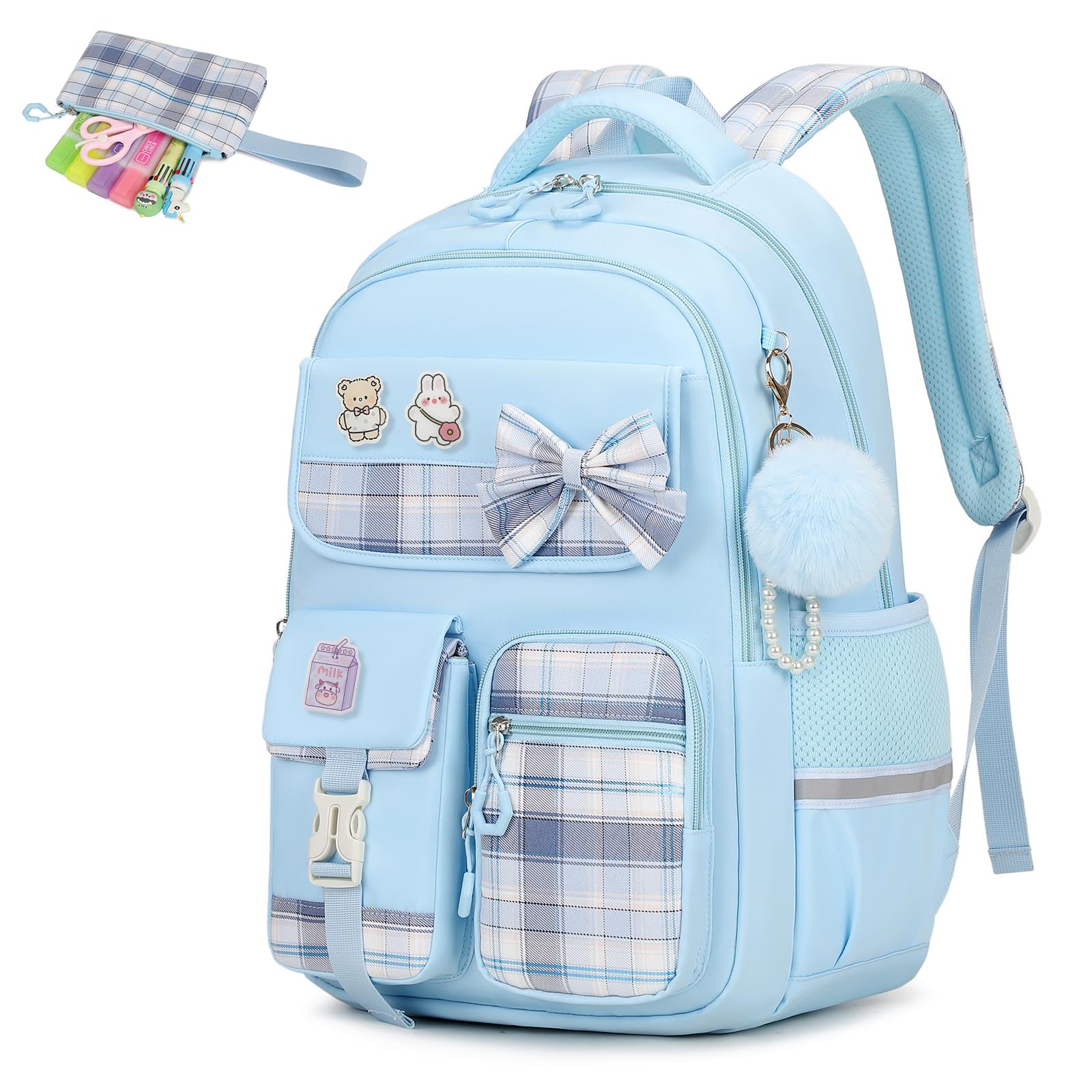 MOONBABY Girls Backpack, Kids Backpack for Girls School Bags with Pen Case, Bow Plaid Book Bag for Elementary Middle Primary High School College, Blue