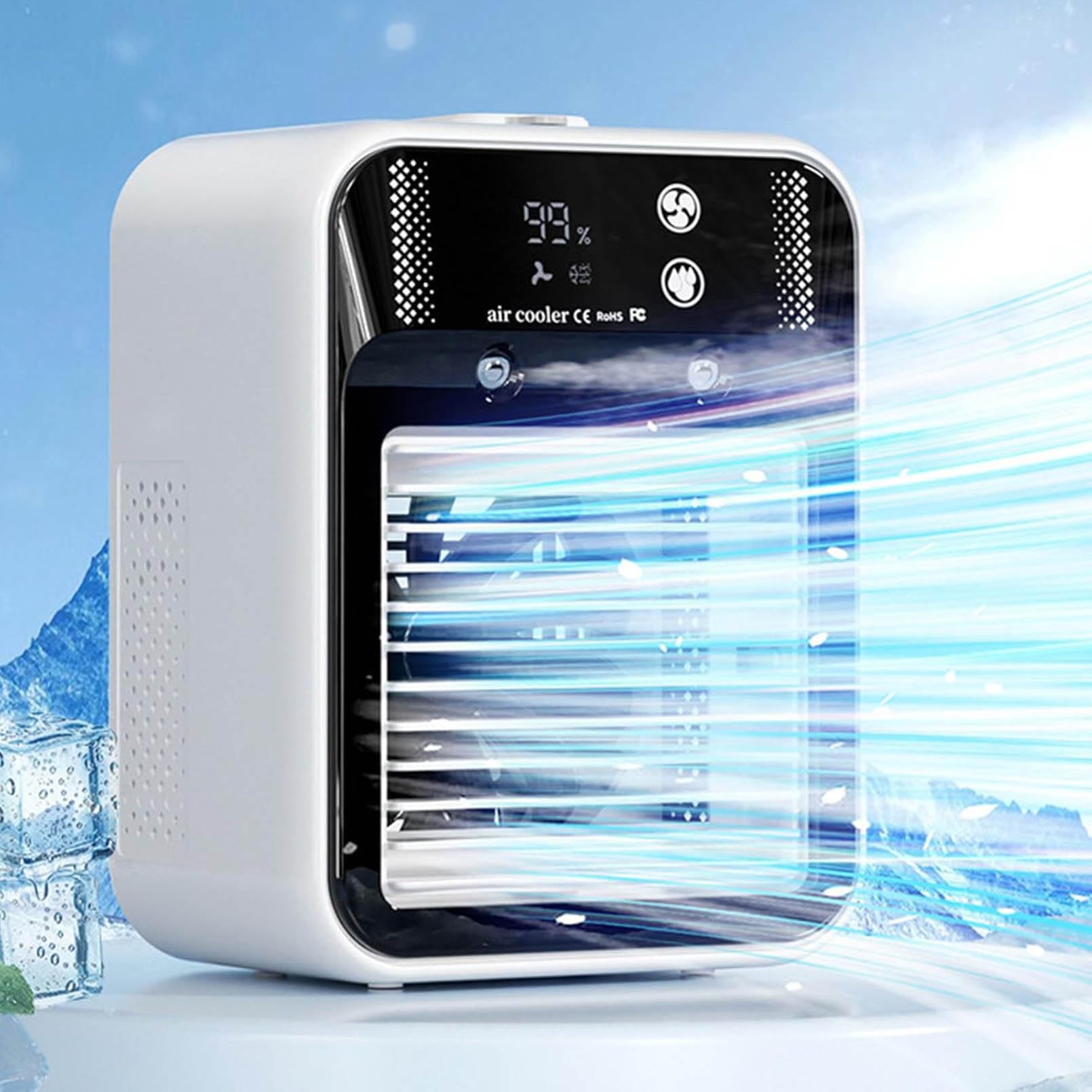 Raffreddatore d'Aria da Tavolo, Piccolo climatizzatore Portatile Ricaricabile Via USB da 3000 mAh con nebulizzazione e Display Digitale, Silenzioso per L'Ufficio e Il Riposo, 2 modalità