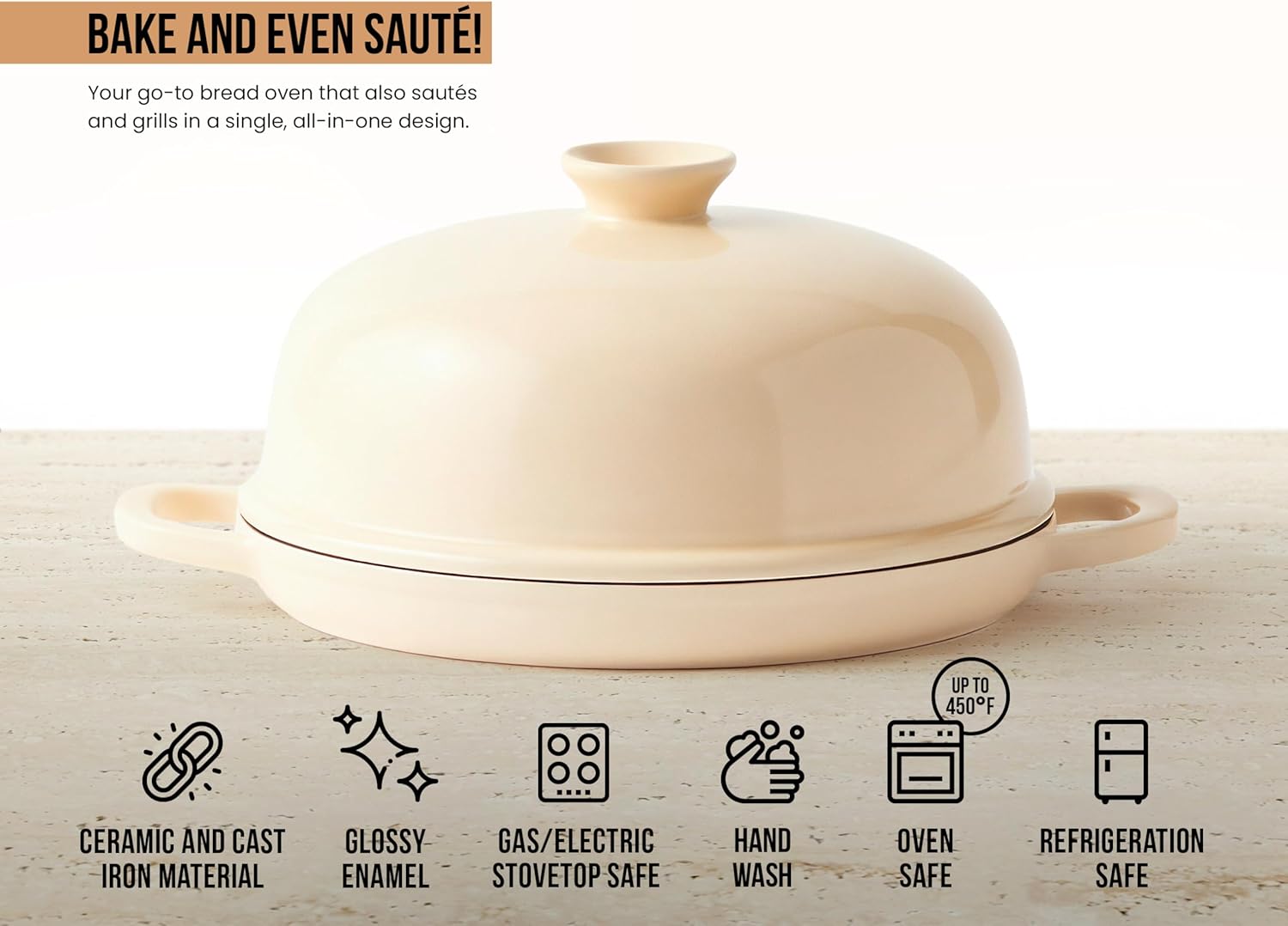 Kook Bread Oven, with Lid and Handles, Enameled Cast Iron Pan and Ceramic Lid, For Baking, Cooking, Roasting and more (Ivory)