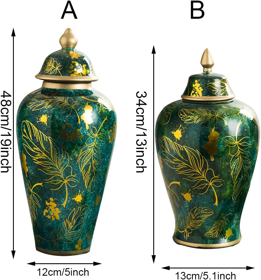 Green Ginger Jar With Gold Trim,Gold Feather Porcelain Ginger Jar Vase Temple Jar With Lid Decor, Ceramic Decorative Jars for Office, Table, Living Room, Bookshelf A (B) (A)