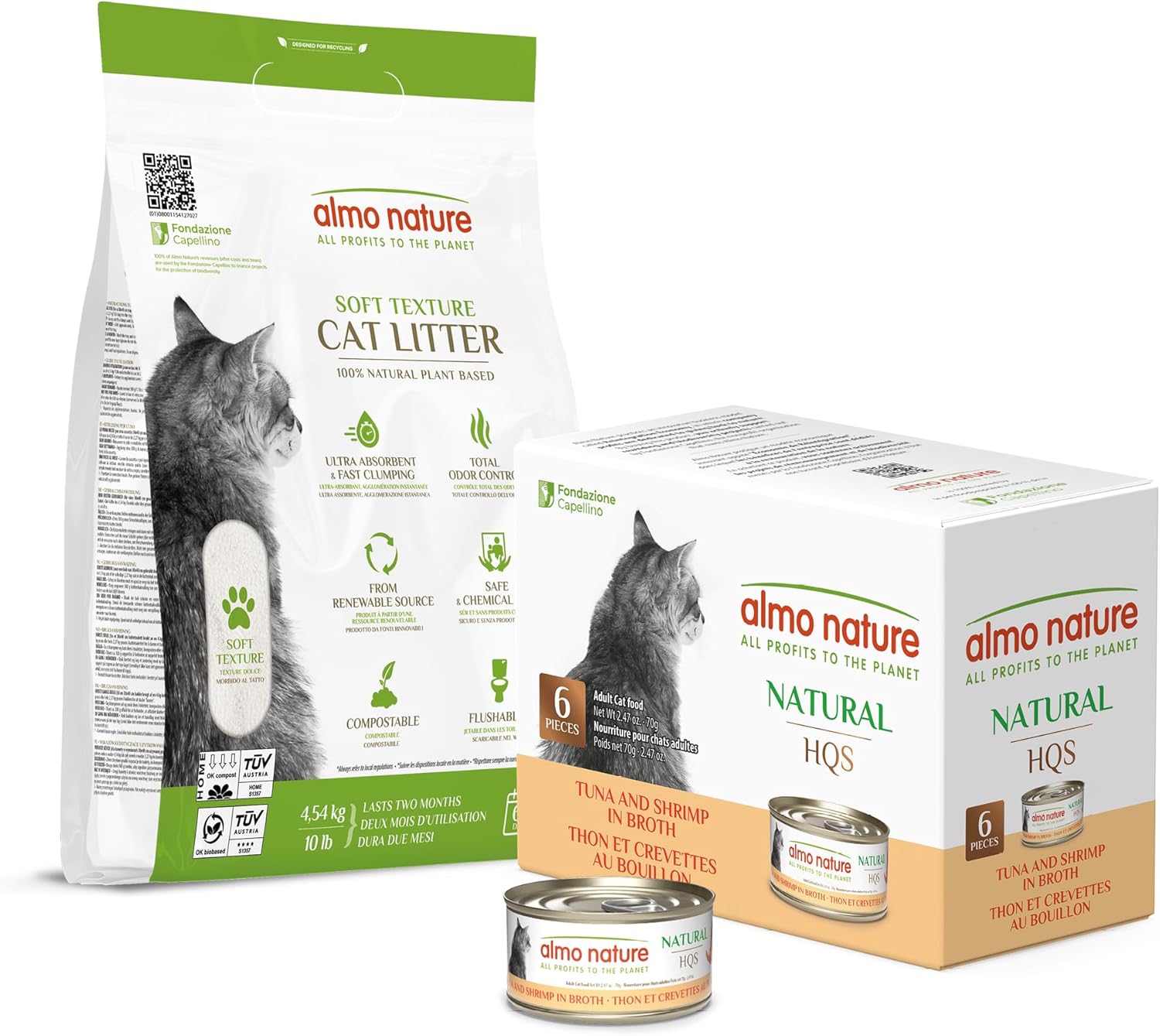 Almo Nature Cat Care Bundle: 10 lbs Plant-Based Clumping Cat Litter + Natural Tuna & Shrimp Wet Food (2.47oz, 6-Pack)