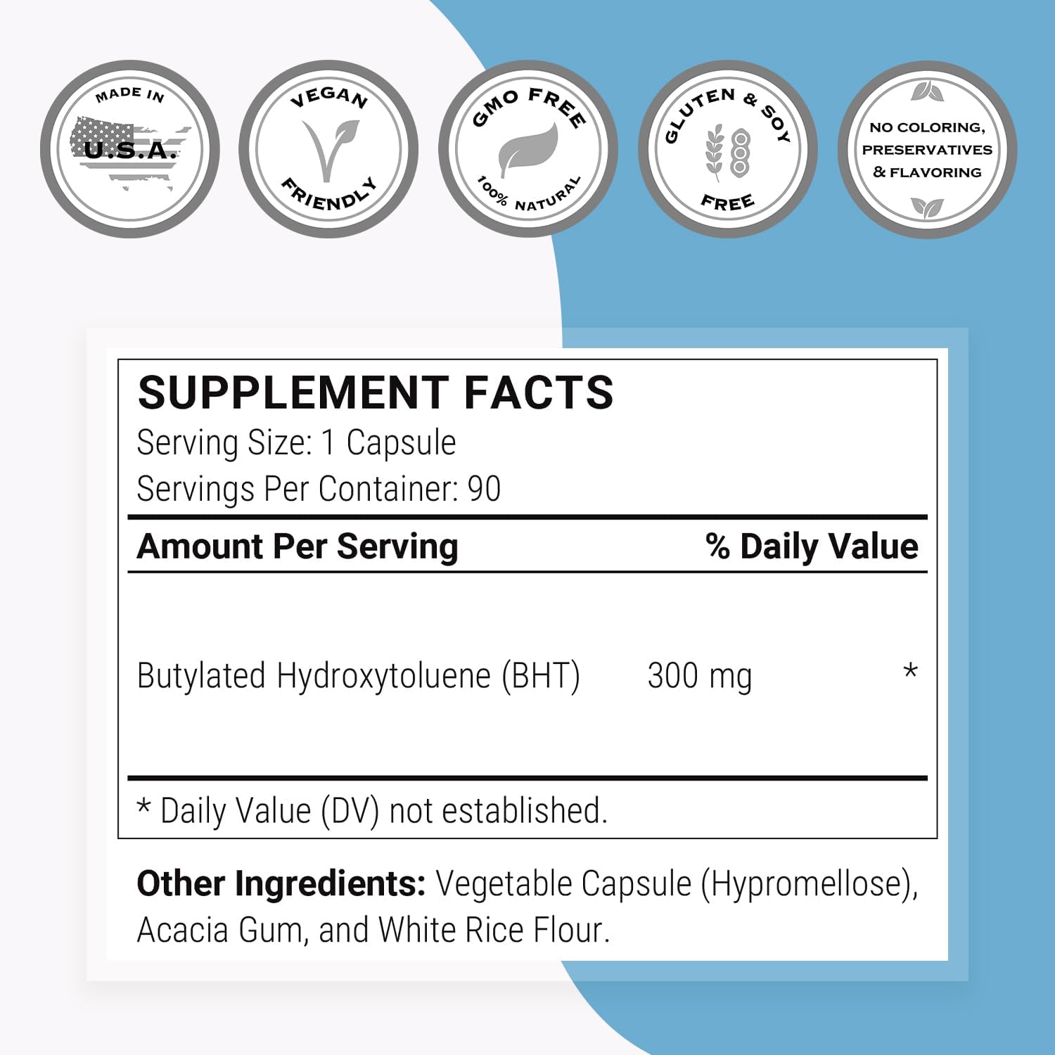 Supersmart - BHT 300 mg Per Day - Butylated Hydroxytoluene - Powerful Antioxidant & Immune Support - Anti Aging Supplement | Non-GMO & Gluten Free - 90 Vegetarian Capsules