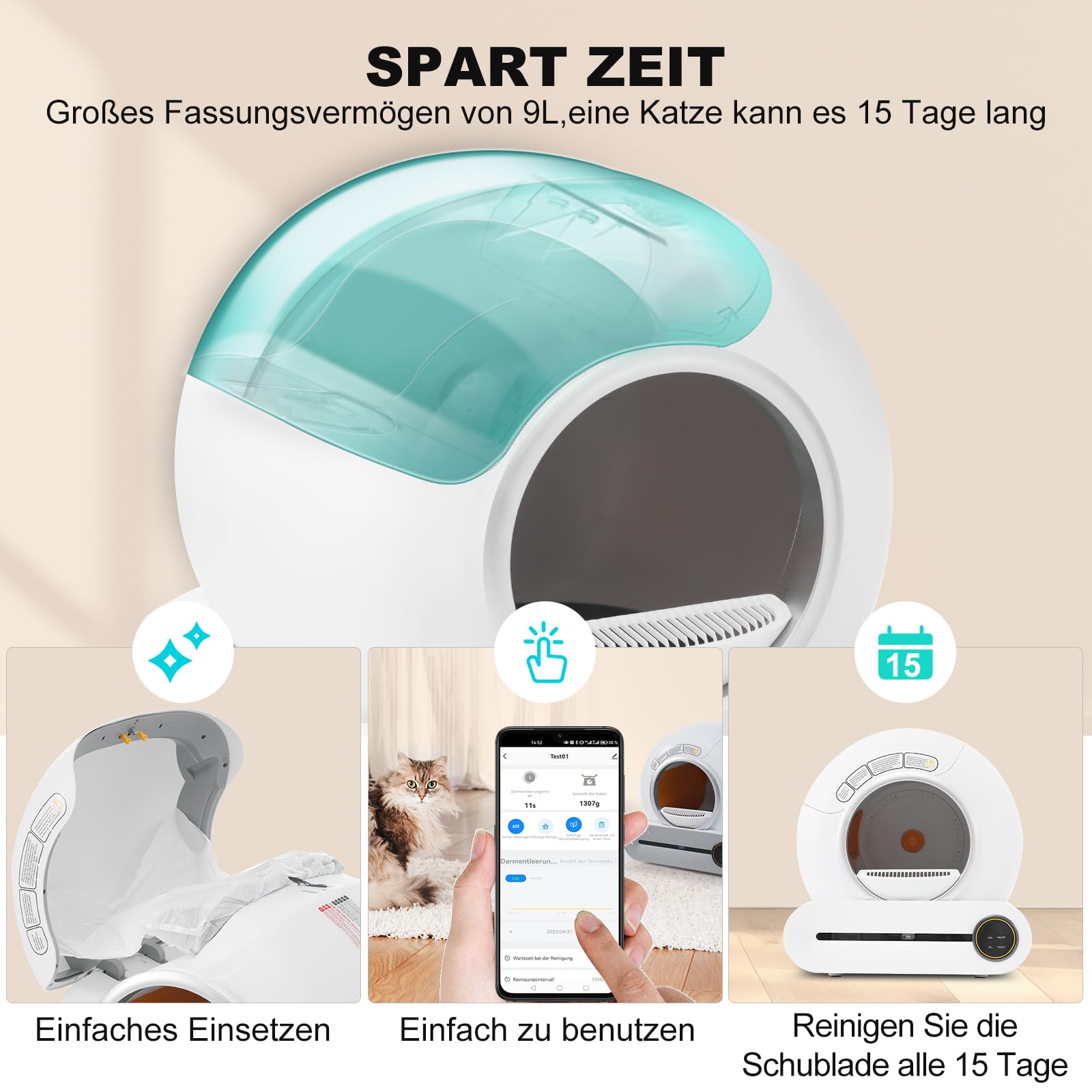 Gecheer 65L Selbstreinigende Katzentoilette mit APP-Steuerung & Infrarotsensor, Elektrisches Katzenklo, Automatisches Schöpfung & Geruchseliminierung, für 2 Katzen Mehrere Katzen