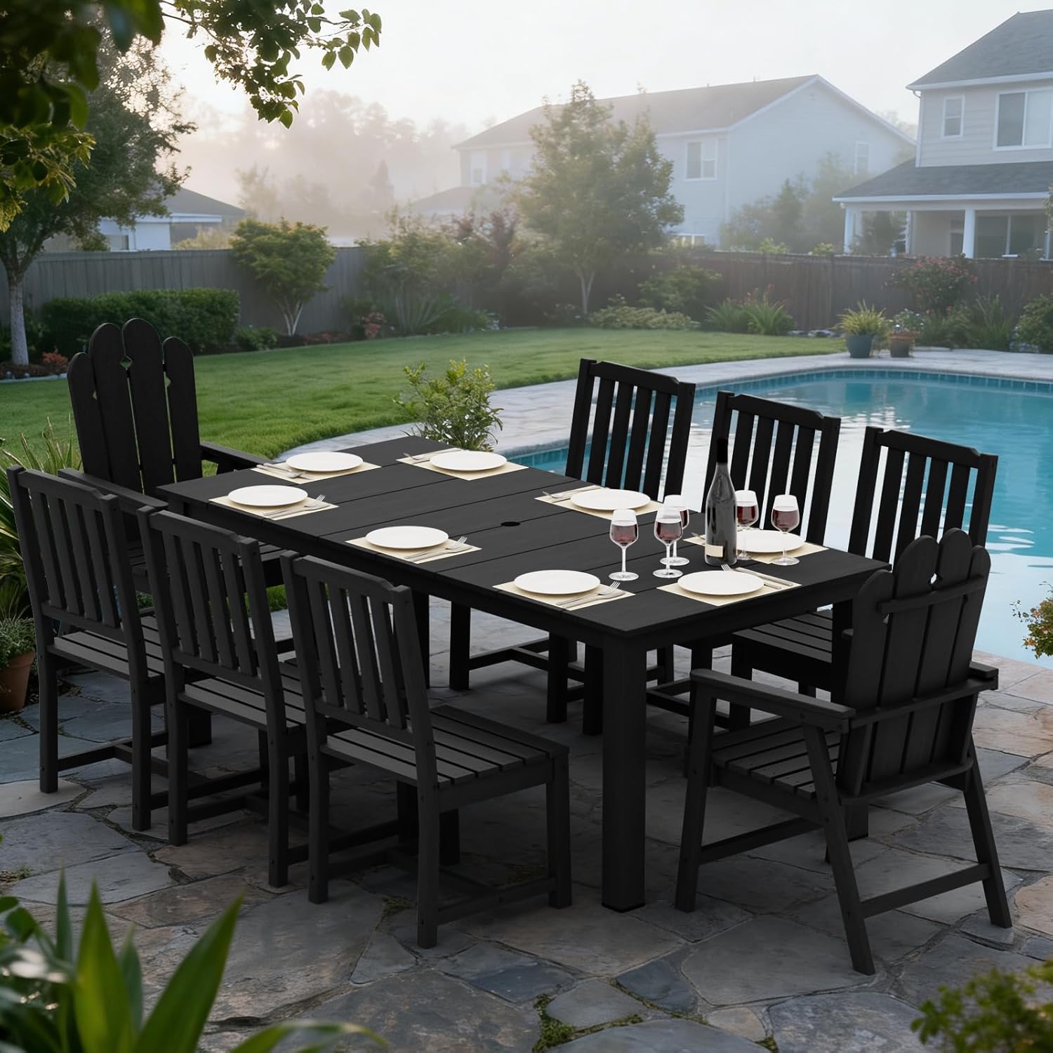 9-Piece Patio Dining Set, Outdoor Dining Set for 8, HDPE All-Weather Outdoor Furniture with 75.20” Umbrella Hole Table, 2 Armchairs & 6 Armless Chairs, Black