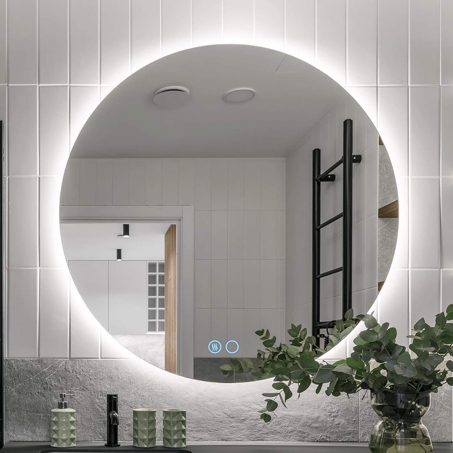 VOWNER 32 Inch Round LED Bathroom Mirror, 3 Colors Light Dimmable Wall Mounted LED Mirror with Touch Switch, Bathroom Mirror with Lights, Anti-Fog Backlit Lighted Round LED Mirror for Bathroom, CRI90+