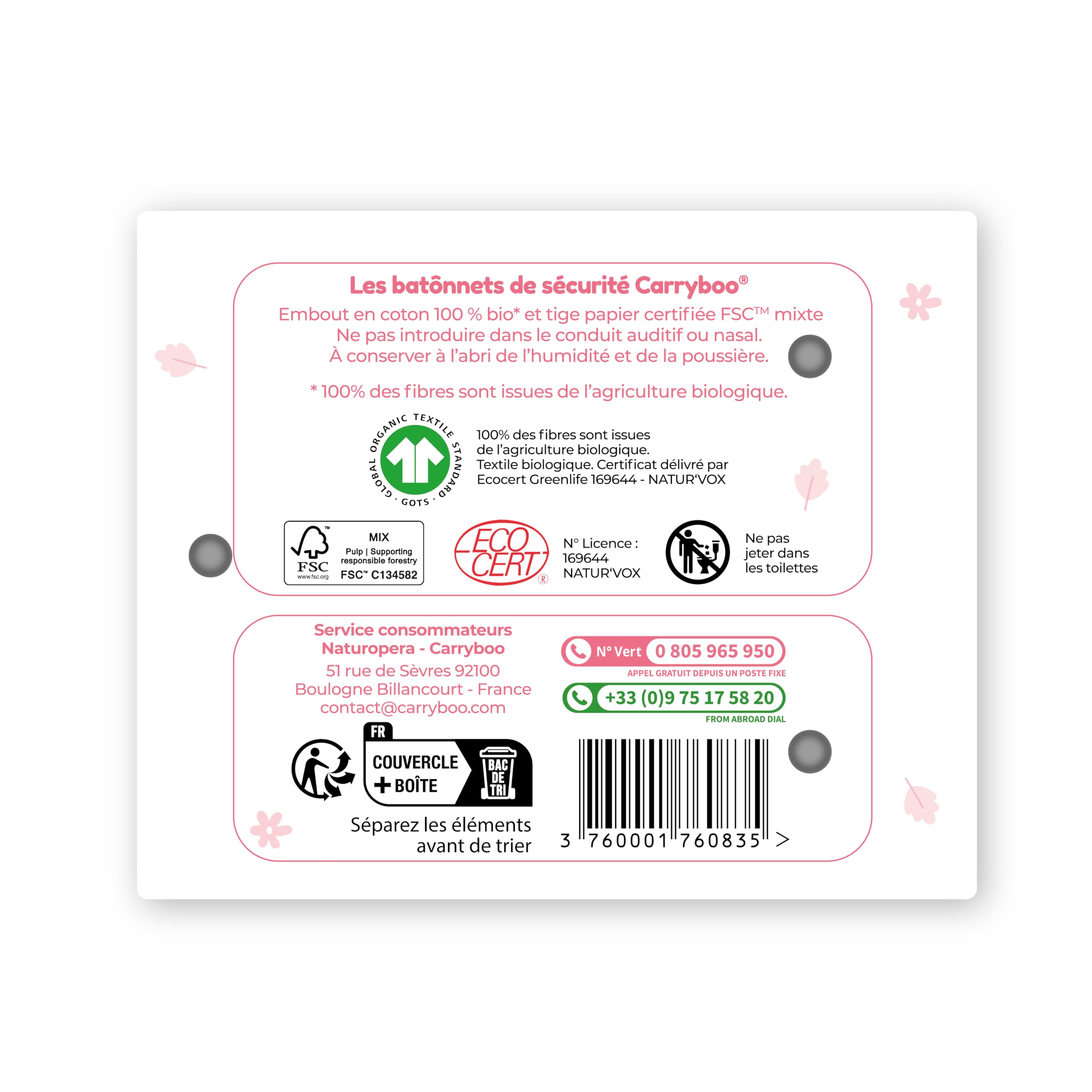 CARRYBOO - Bâtonnets Sécurité pour bébé en Coton Bio - Boite de 50 bâtonnets