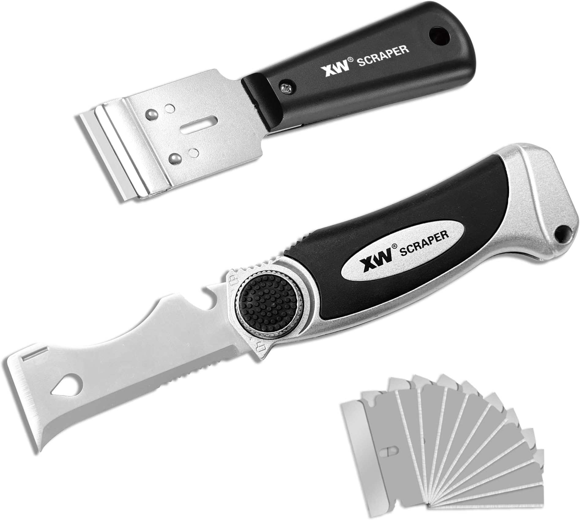 XW Folding Paint Scraper, Multi-functional 10-in-1 Metal Scraper Tool, Heavy Duty Putty Knife, Extra 10 PCS Razor Blades Included, 2-Pack