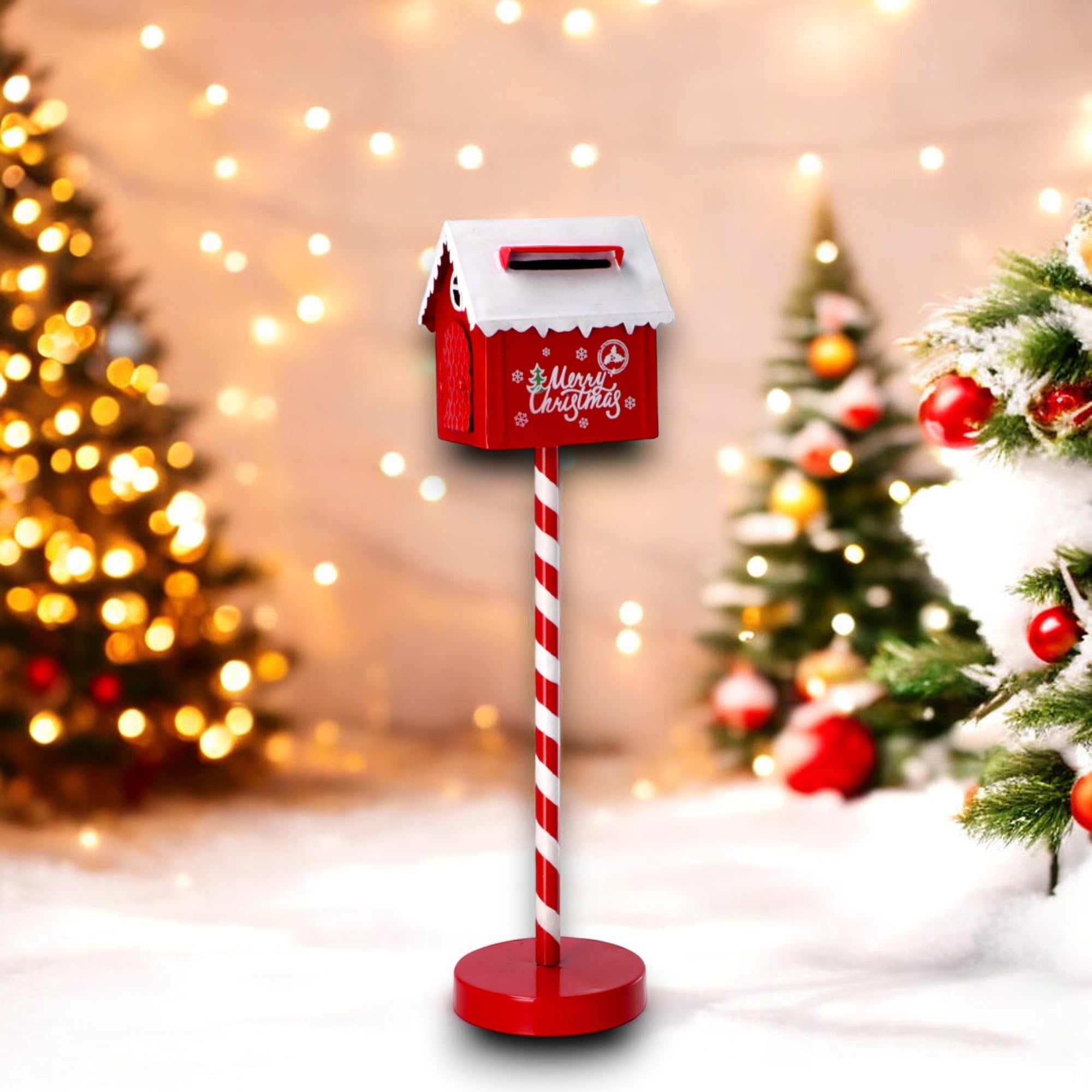 Cassetta della posta natalizia stand in metallo 50 cm, con Babbo Natale, Merry Christmas, decorativa, rossa, decorazione da terra per le vacanze, Natalizia in Metallo con Buca Lettere a scritte