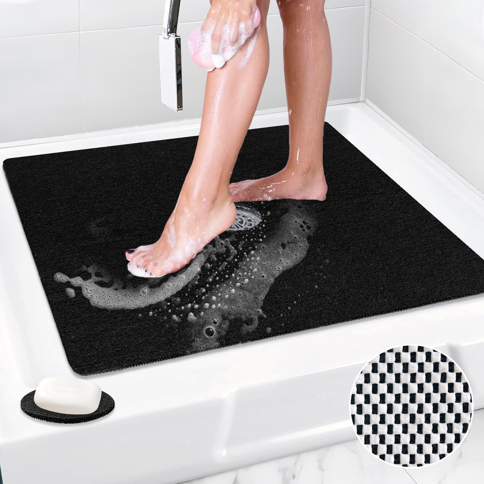 Shower Mat Non Slip: 31 x 31 Inch Extra Large Square Shower Mats with Drain Hole in Middle - Soft Loofah Quick Drying Matt for Shower Stall