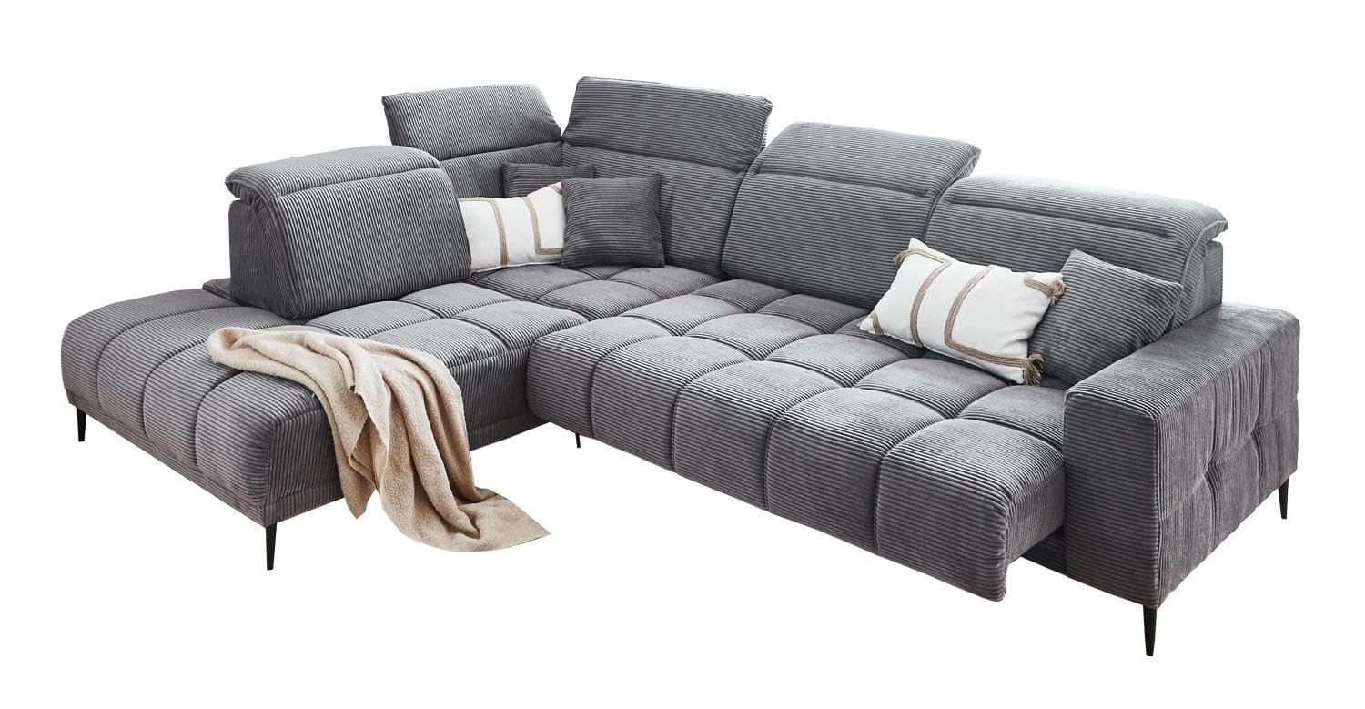 Ecksofa - 317 x 234 cm - Dunkelgrau - Cord - elektr. Sitztiefenverstellung