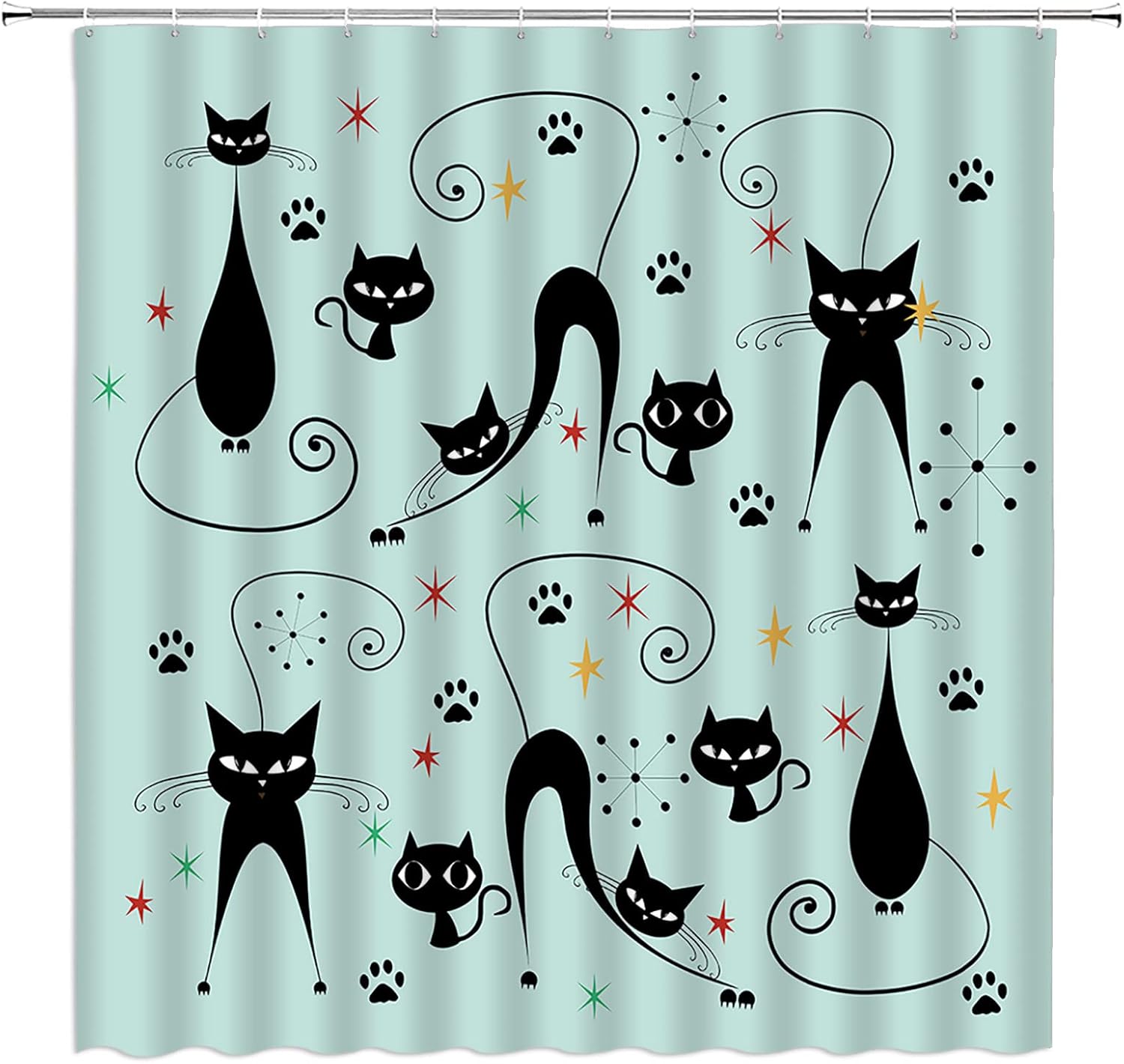 Mid Century Modern Shower Curtain Atomic Cat Diamonds Iconic Sputnik Star Paw Print Retro Abstract Vintage Geometric 1950s 1960s Fabric Bathroom Decor Curtains with Hooks,Pink