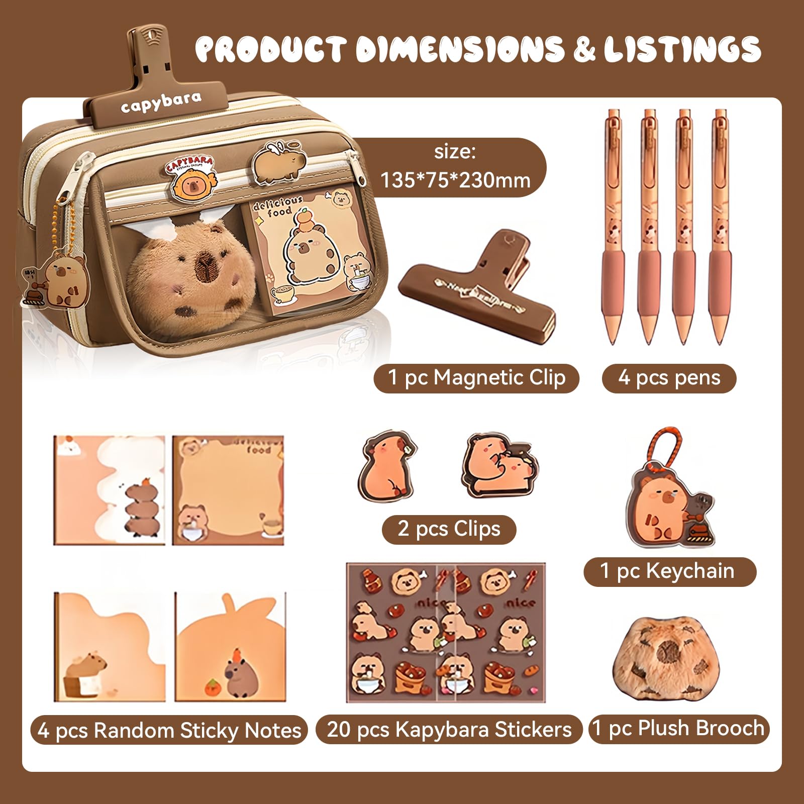 CharmBurst 1 Set Capybara Pencil Case Large, Kawaii Pen Pouch with Plush Figure, Capybara Keyring, Stationery Set, Stickers, For School Start - Image 2