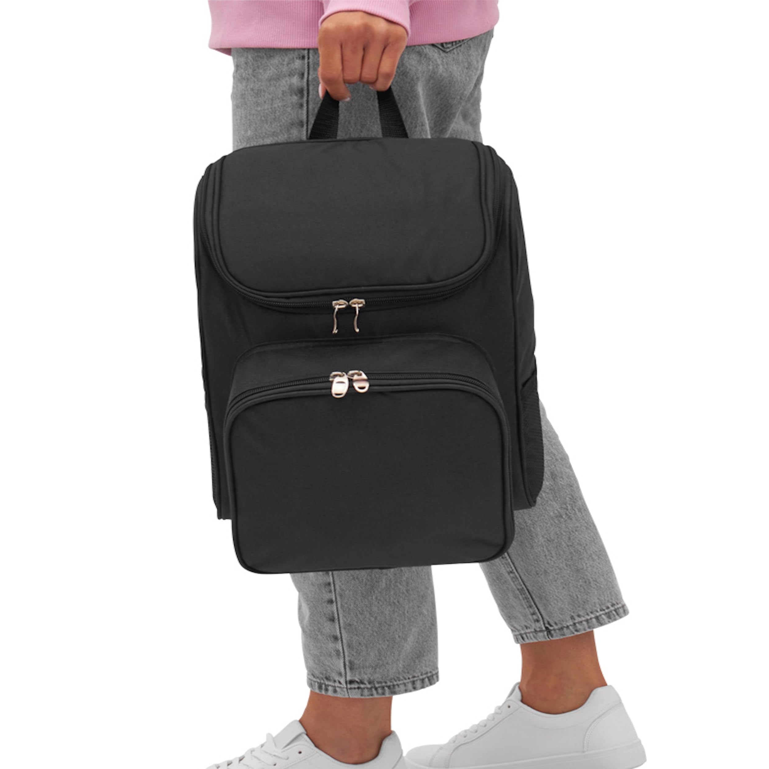 Picknick-Rucksack 2 Personen blau schwarz isoliertes Reißverschluß-Kühlfach Vorfach inkl. Besteck Kunststoff-Weingläser & Teller Stoffservietten 2 Netzeinsteckfächer gepolsterte Gurte (Schwarz)