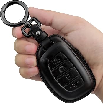 Tukellen Genuine Leather Key Fob Cover Smart Key Holder Sleeve Fit for Hyundai Elantra Elantra GT Ioniq Sonata Tucson Smart 4 Buttons Black