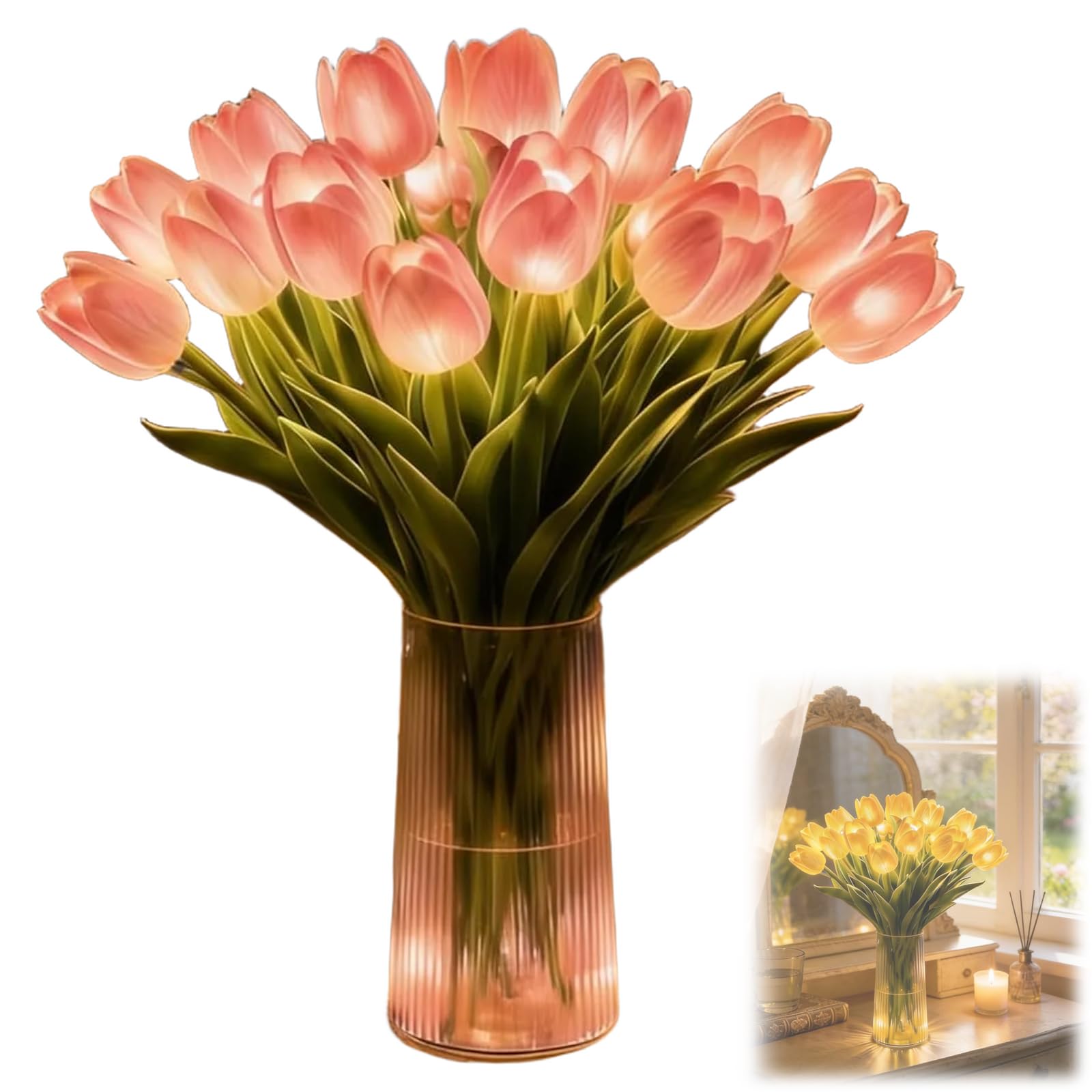 Radiant Romantic Tulip Light, Twinkling Tree Tulips Led Night Light, 15 PCS Tulips Tree Ambient Night Lamp, that Never Fade, for Bedroom Bedside Decor & Gift (Pink)