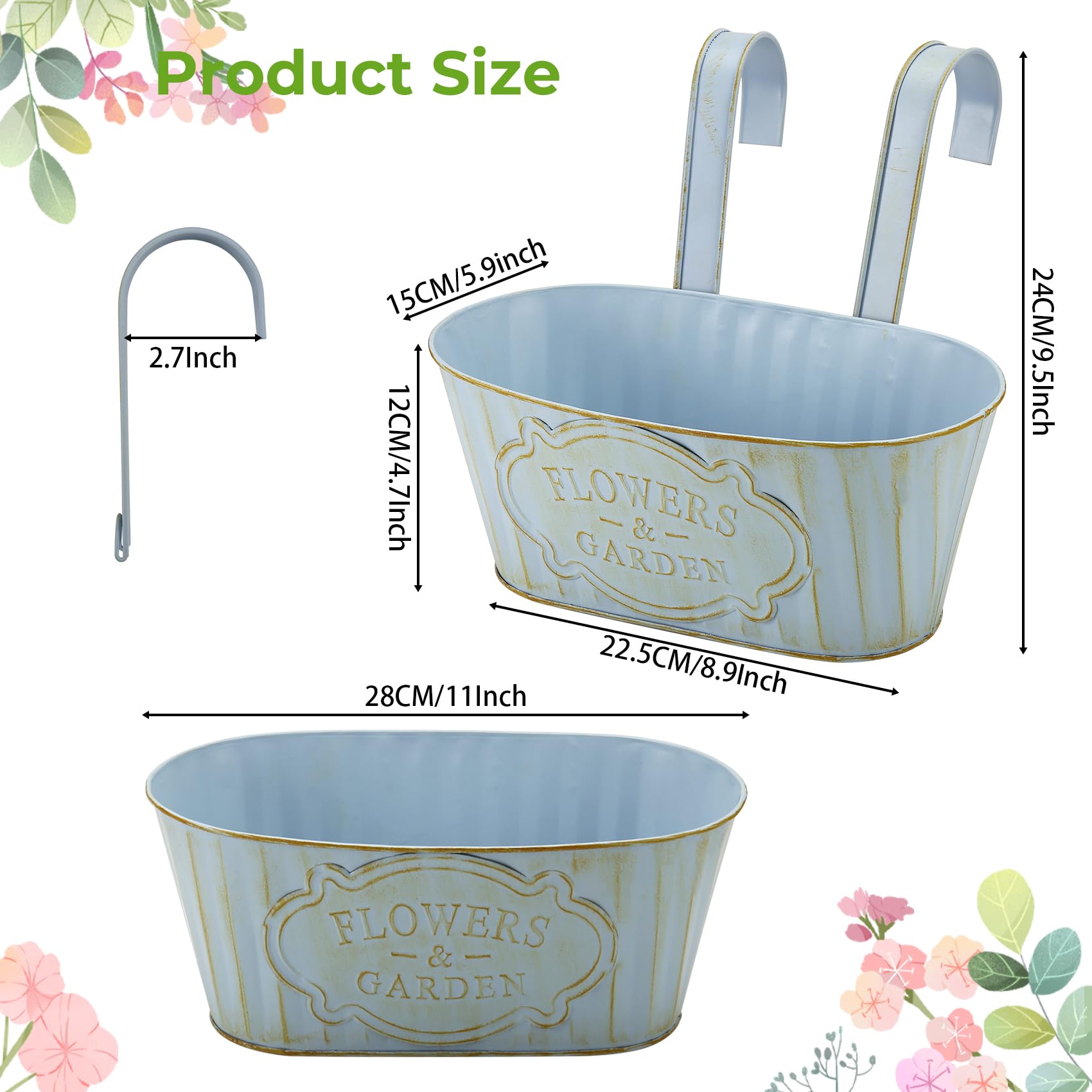 Kit di 6 Fioriere da Appendere in Ferro, Vintage, 27,5 cm, per Balcone, Recinzione, Portico, Blu