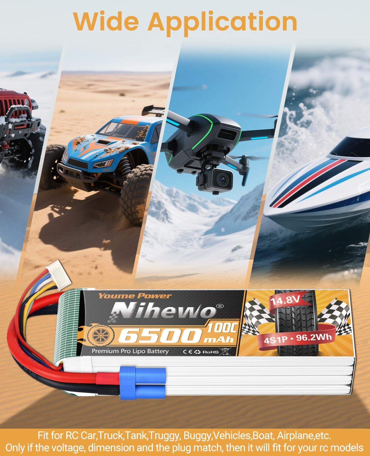 4S Lipo Battery 6500mAh 14.8V RC Battery 100C with EC5 Connector Soft Case Fit for 1/7 1/8 Scale RC Car Truck Vehicles Tank Boat Airplane Helicopter Quadcopter Models (2Packs)