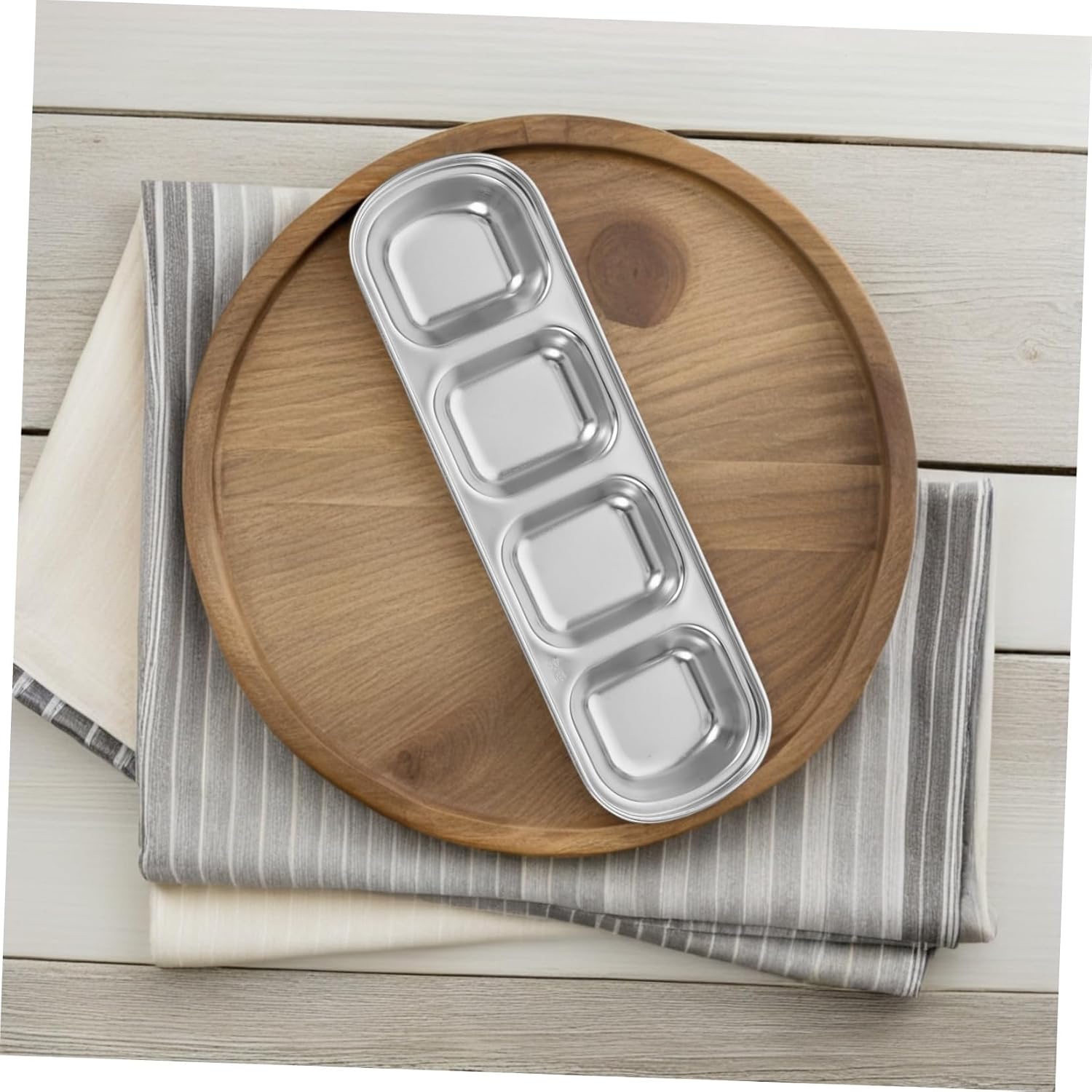 Divided Stainless Steel Soy Sauce Dish, Four Grid Dipping Plate