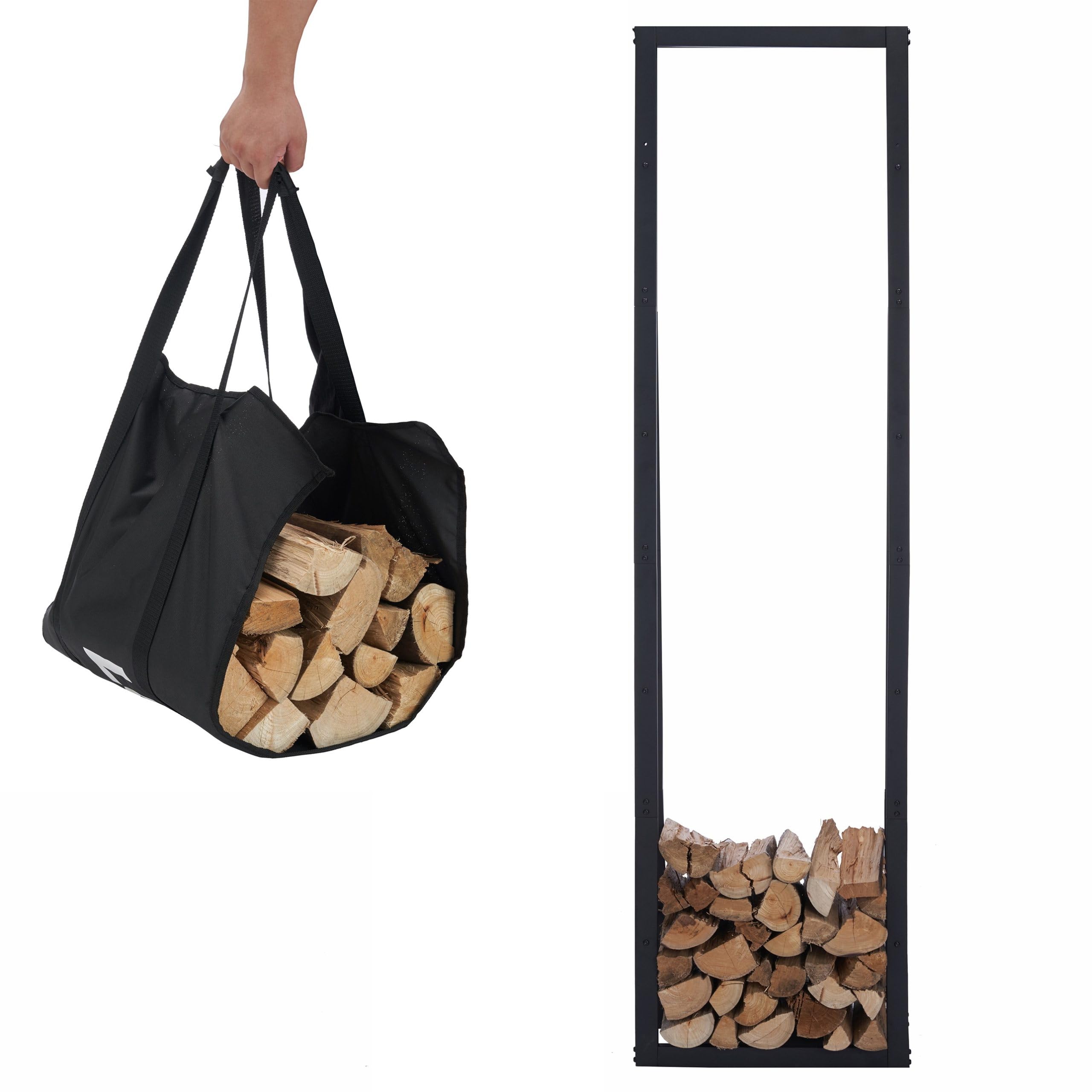Kaminholzregal + Tragetasche - Innen & Außen - Feuerholzregal - Kaminholzständer - Brennholzregal - Schwarz - Metall (50x25x196cm)