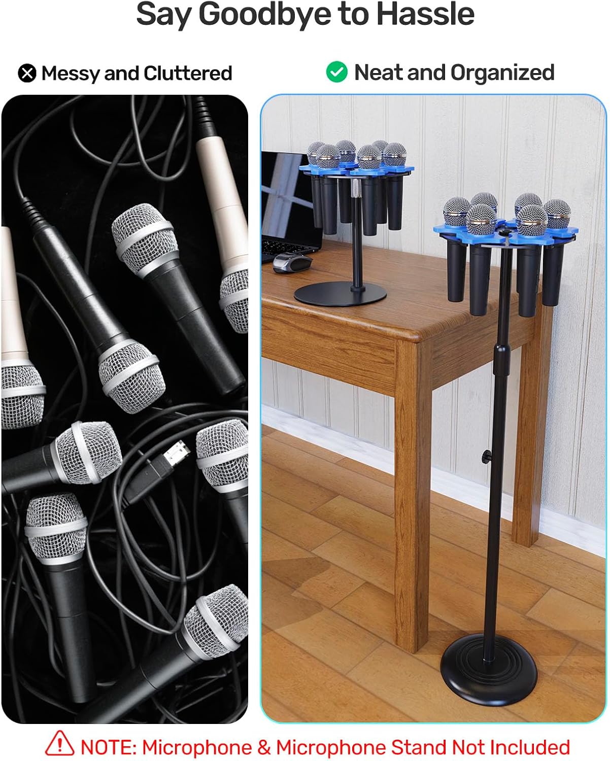 Multi Microphone Holder Up to 6 Mics - Aluminum Mic Holder for Handheld Wired & Wireless Mics, Mounts on 5/8", 3/8", 1/4" Threaded Stand, Ideal for Church & Stage Mic Display and Organizer
