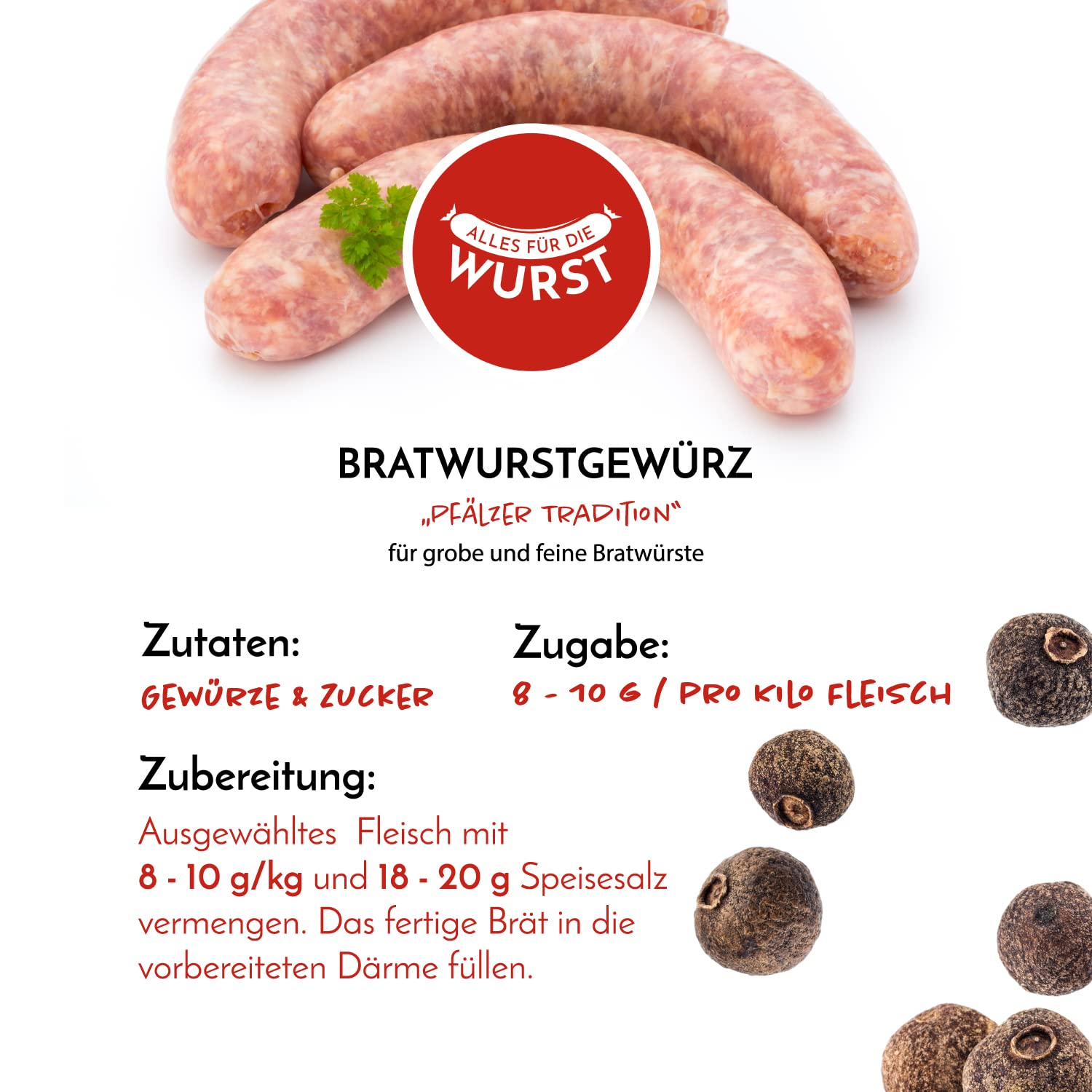 Wszystko dla kiełbasy, przypraw, mieszanka przypraw i przygotowanie przypraw do palatyckiej kiełbasy, pieczona kiełbasa, przyprawa do pieczonej kiełbasy, drobna i gruba (125 g + 28 | 30 - 10 metrów)