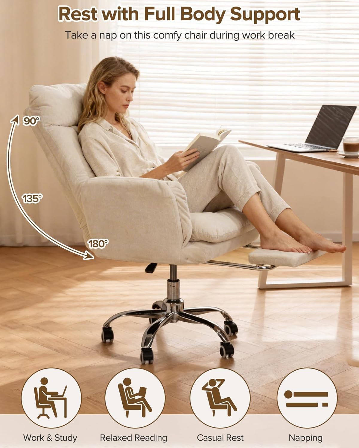 Heavy Duty Comfortable Office Chair with Footrest, Recliner Gaming Chair with Flip-Up Armrests for Pet & Cross-Leg Sitting, Ergonomic Desk Chair for Work & Rest