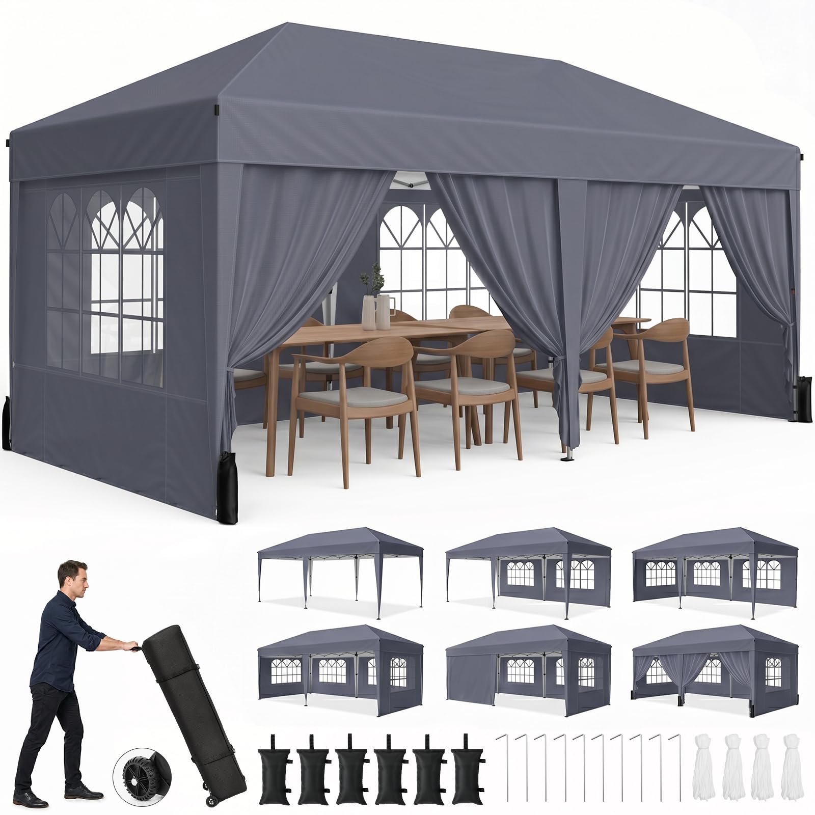 Photo 1 of Driftalia 10x20 Pop up Canopy Tent with 6 Sidewalls, Outdoor Canopy with Windows & Roller Bag, Party Tent for Commercial Events, Weddings, Camping - Dark Gray
