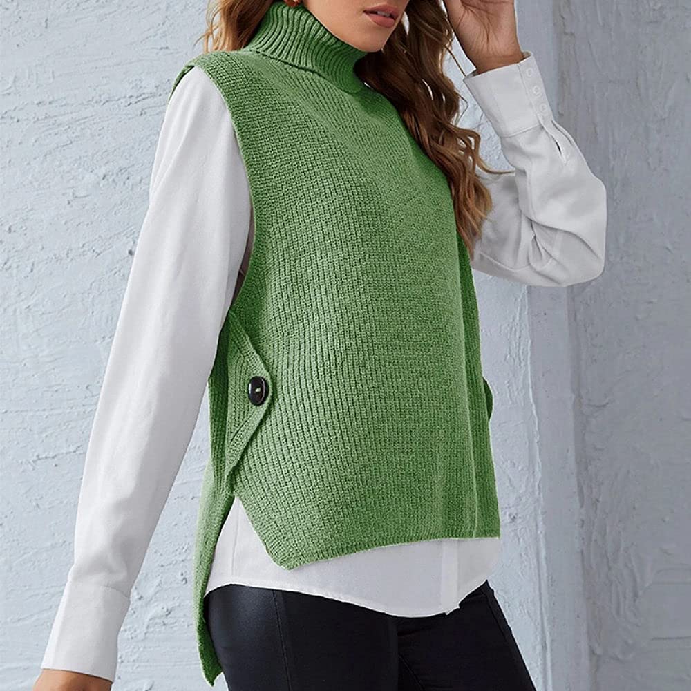Maglione Gilet Donna,Gilet Lavorato A Maglia Da Donna Pullover Verde Collo Alto Classico Gilet Lavorato A Maglia Sciolto Maglioni Senza Maniche Casual Autunno Inverno Senza Maniche Maglione Gilet Ca