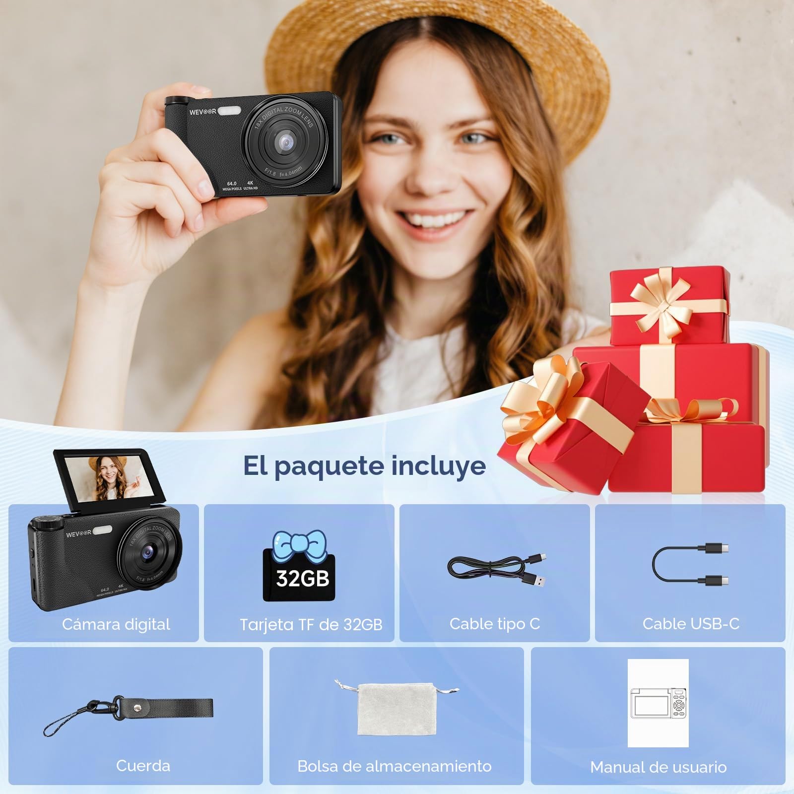 Cámara Digital 4K 64MP, Wevoor Camara de Fotos 32GB con Pantalla Flip De 180°, Batería de 2000 mAh, Autofocus, Zoom Digital 18x, Cámara Digital Compacta para Principiantes Niños Estudiantes - Negro