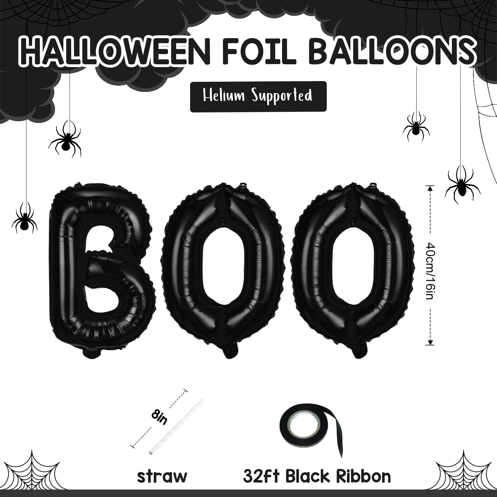 BOO Foil Balloons, Black Banner Set for Halloween Party, 16 Inch Mylar Letters Bunting Kit for Horror Spooky Theme Night Party Decorations Supplies - Image 2