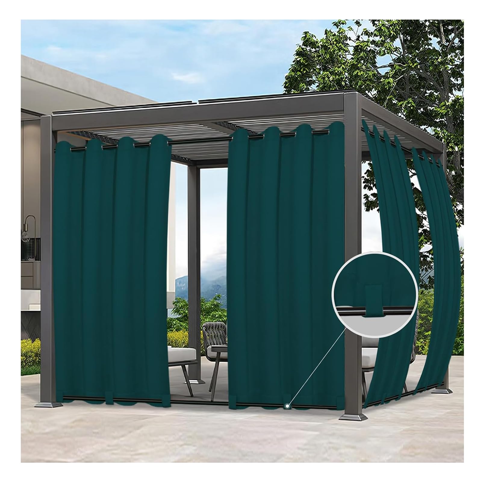 Mewkew Waterproof Outdoor Curtains Gazebo Patio Sunscreen Blackout Panels Curtains Windproof Thermal Insulated Grommet Curtains for Porch Pergola Cabana,Green,2 PCS,352 x 203 cm（W x H）