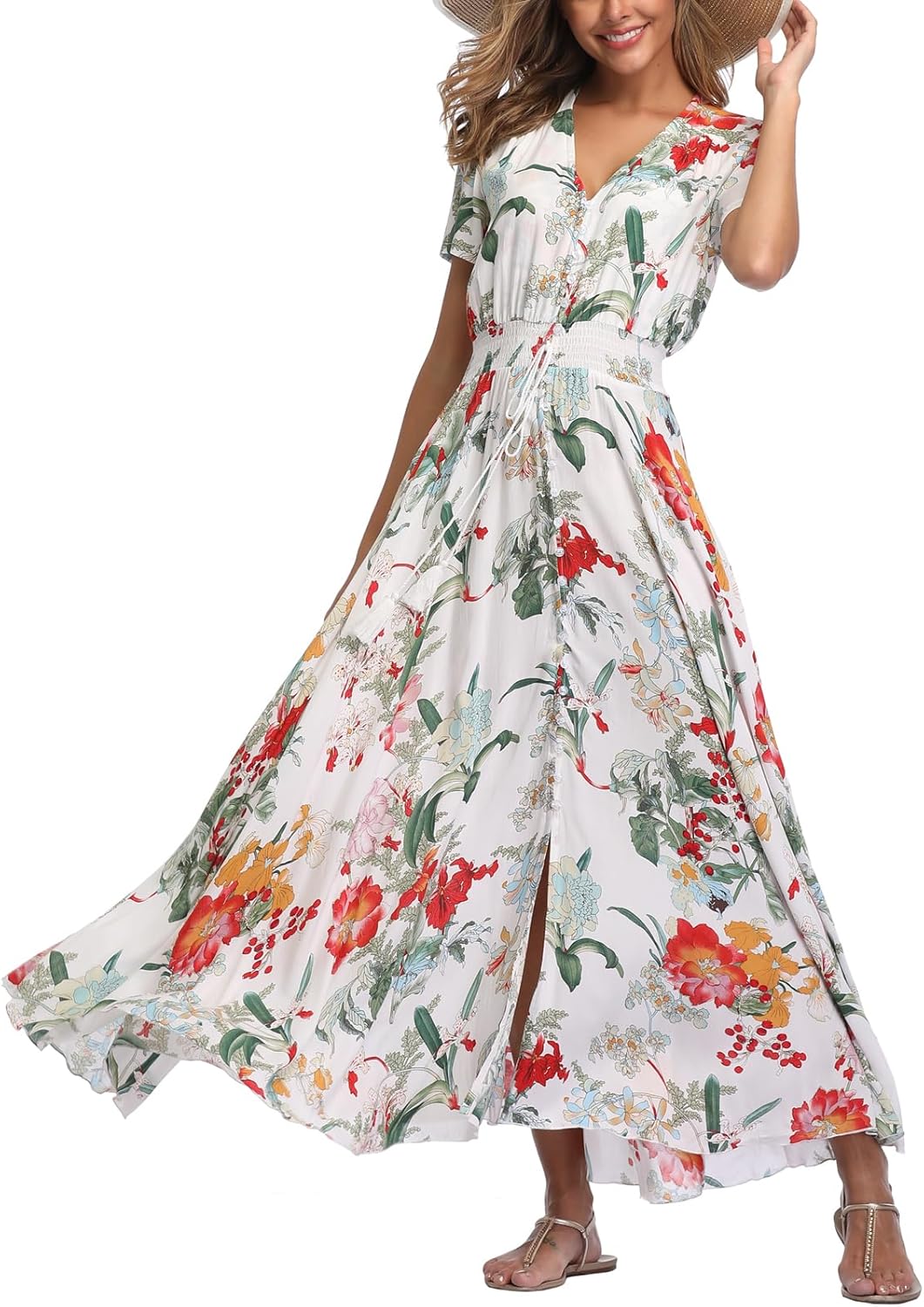 Women's Boho Floral Maxi Dress Summer Button Up Split Flowy Beach Party Dress