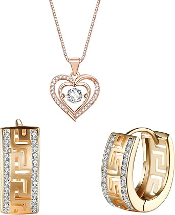 Double Heart Pendant Necklace,Double Row Diamond Earrings for Womens Set in 18k Rose Gold Plated Ladies with 5A Cubic Zirconia Christmas Jewelry Gift Birthday Gifts for Her