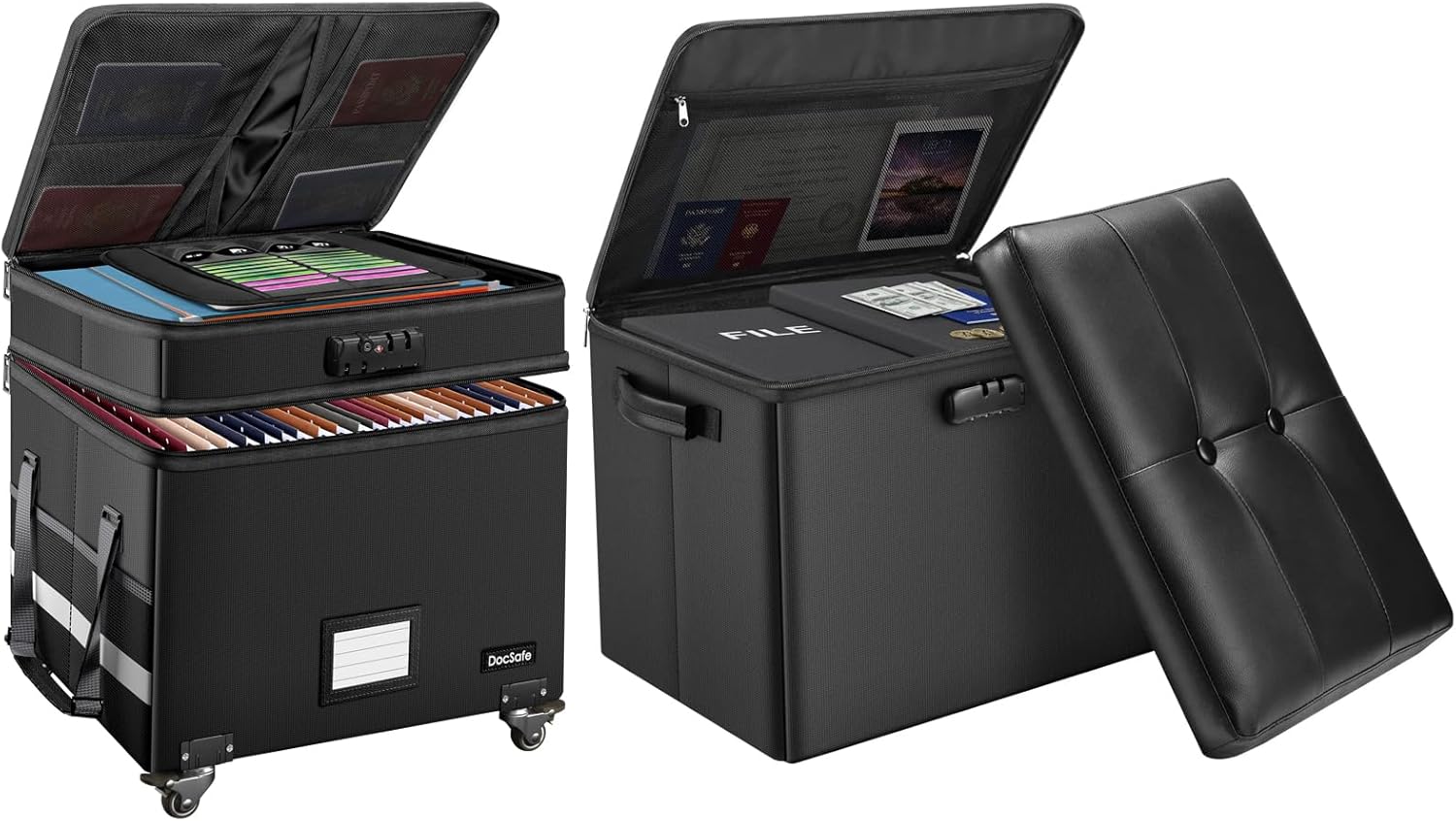 DocSafe Fireproof Storage Ottoman with Lock+Rolling File Box