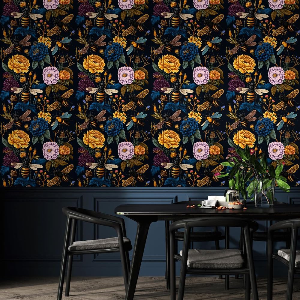 18"x236" Realistic Elegant Blue Yellow Bee Flower Peel and Stick Wallpaper Easy Peel Off Contact Paper Vintage Vinyl Self Adhesive Removable Stick on Wall Paper for Kitchen Cabinet Renter Friendly