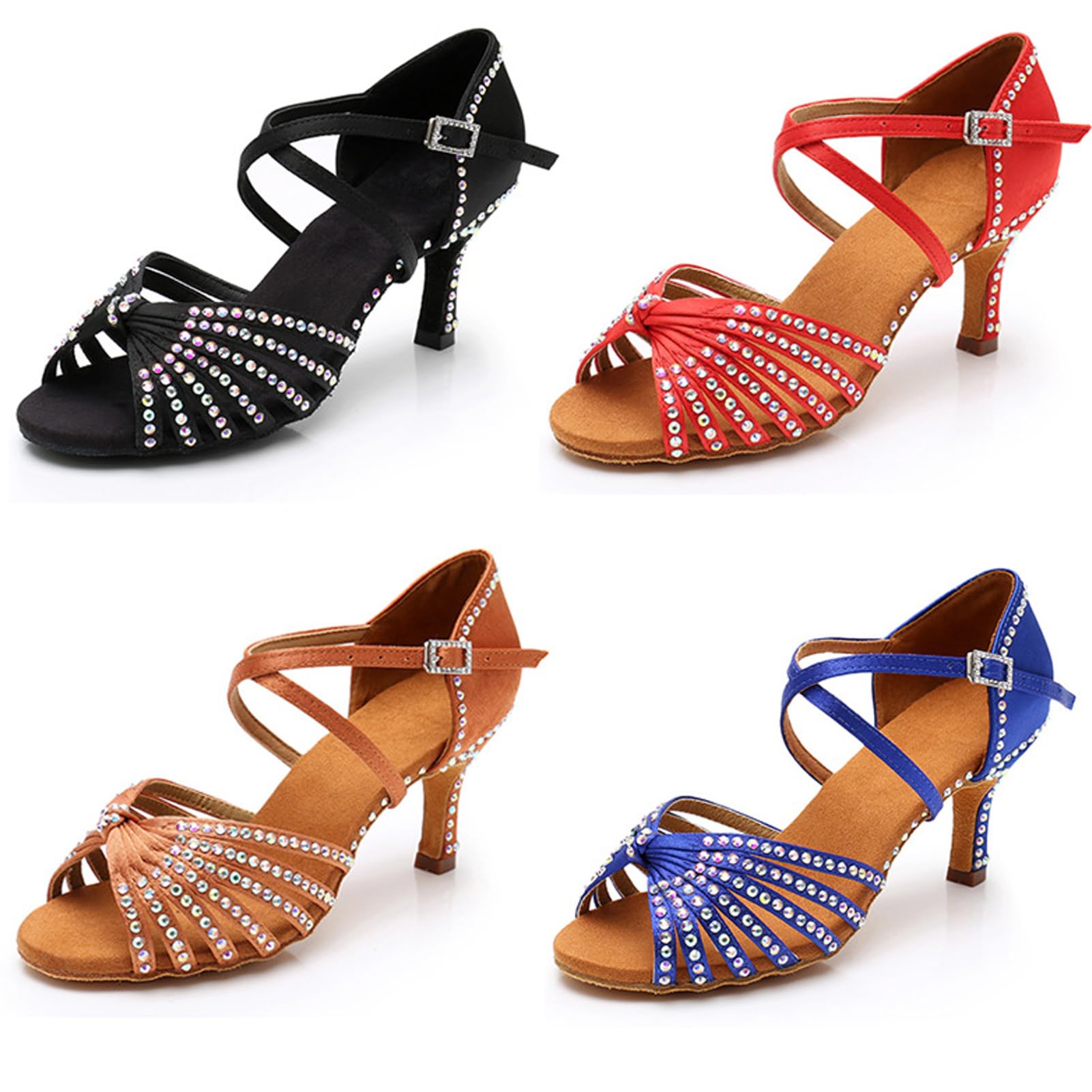 Nowe buty do tańca latynoskiego z diamentową wkładką dla kobiet dorosłych na środkowym obcasie miękka podeszwa buty do tańca wysokie obcasy z diamentowymi butami do tańca Cha-cha, A437 Brązowy obcas 7