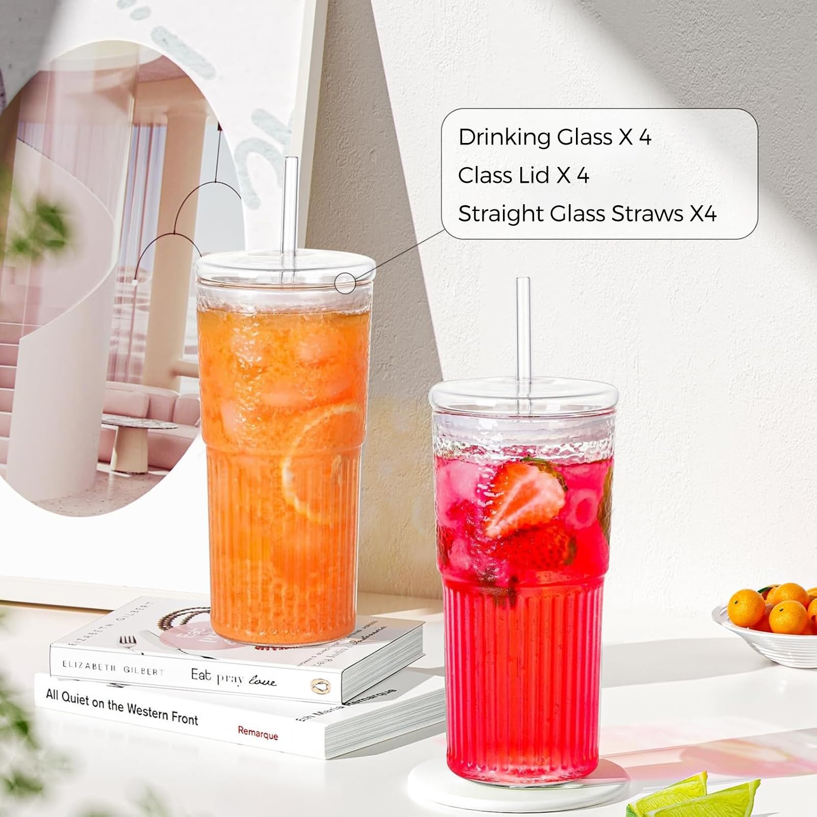 KOOSREEL Paquete de 4 tazas de café helado, vasos transparentes de 600 ml con tapas y popotes de vidrio para leche, agua helada, jugo, café, refrescos, cócteles, bebidas frías o calientes