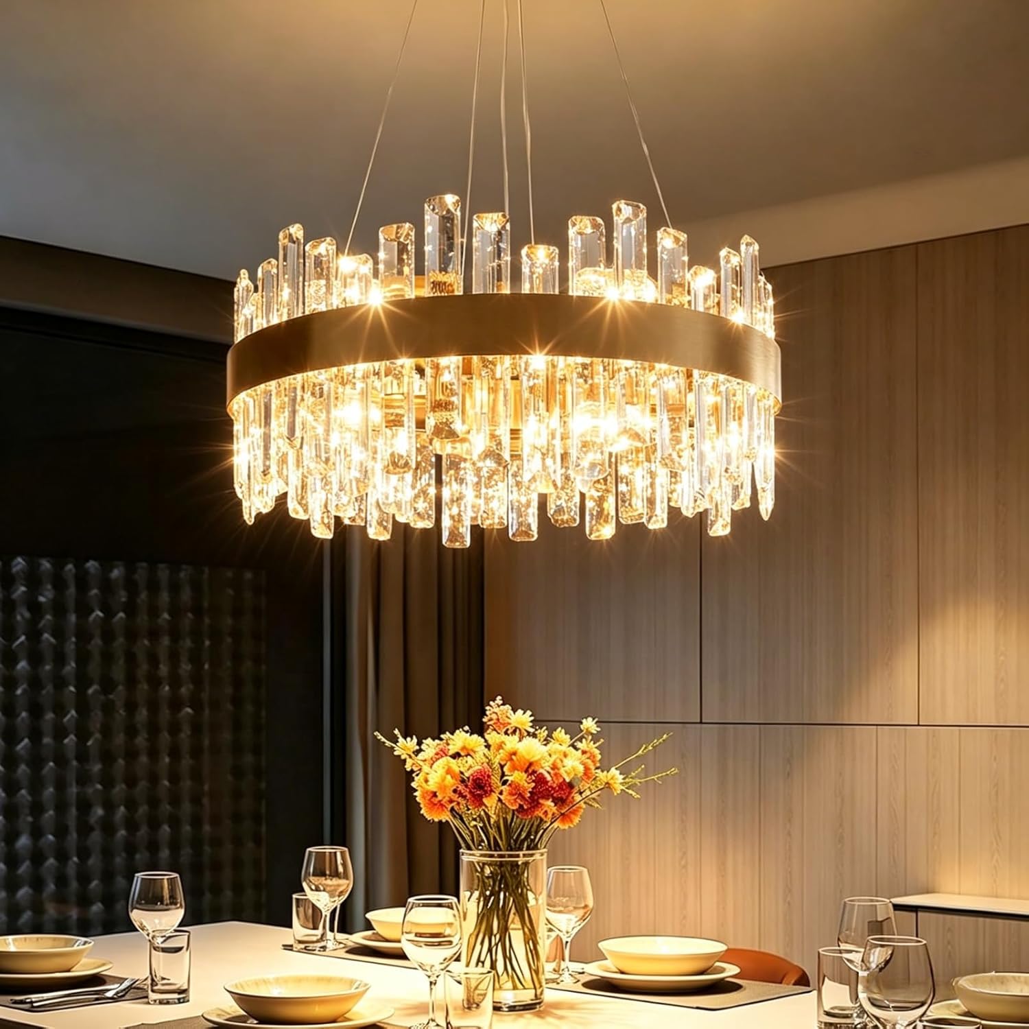 12-Light Modern Crystal Chandelier, 19.7” Gold Chandelier Light Fixture, Brushe…