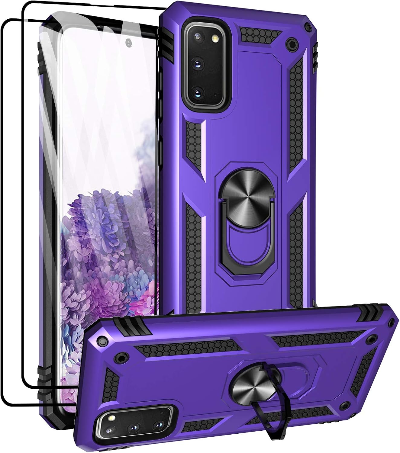 Samsung Galaxy S20 FE Case with Glass Screen Protectors, Androgate Military-Grade Metal Ring Holder Kickstand 15ft Drop Tested Shockproof Cover Case for Galaxy S20 FE 5G Purple