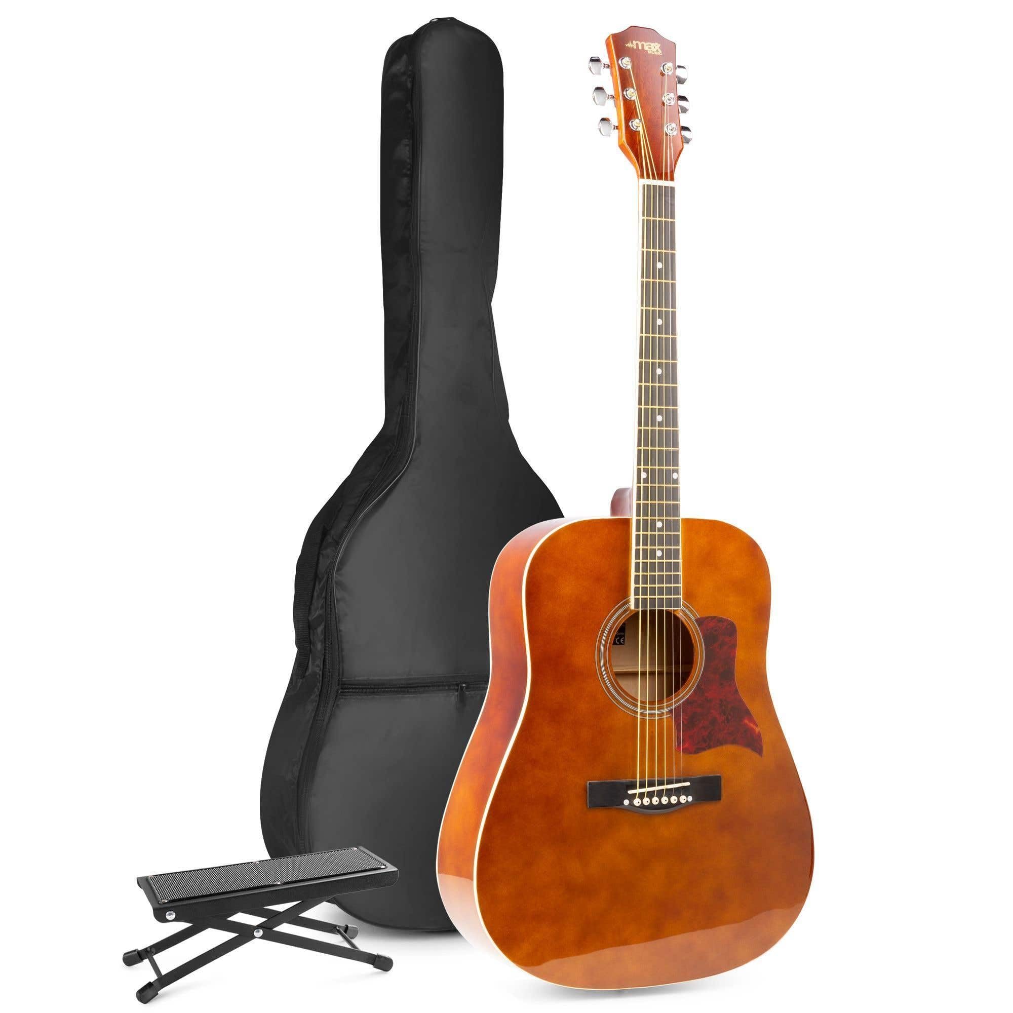 MAX SoloJam Westerngitarre, Akustik Gitarre Set, Acoustic Guitar, Akustikgitarre 4/4 mit Tasche, Fußstütze, Plektrum, Stimmgerät, Schultergurt, Stahlsaiten, Anfängergitarre - Holzbraun