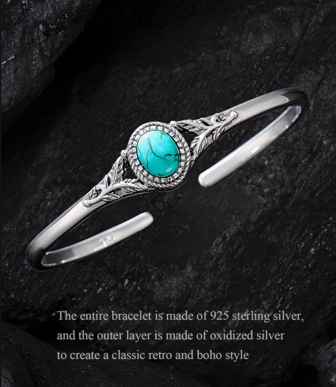 Genuine Turquoise Bracelet Cuff for Women Native American 925 Sterling Silver Leaf Oval Gemstone Bangle Adjustable Jewelry 6.5 7 7.5 Inch