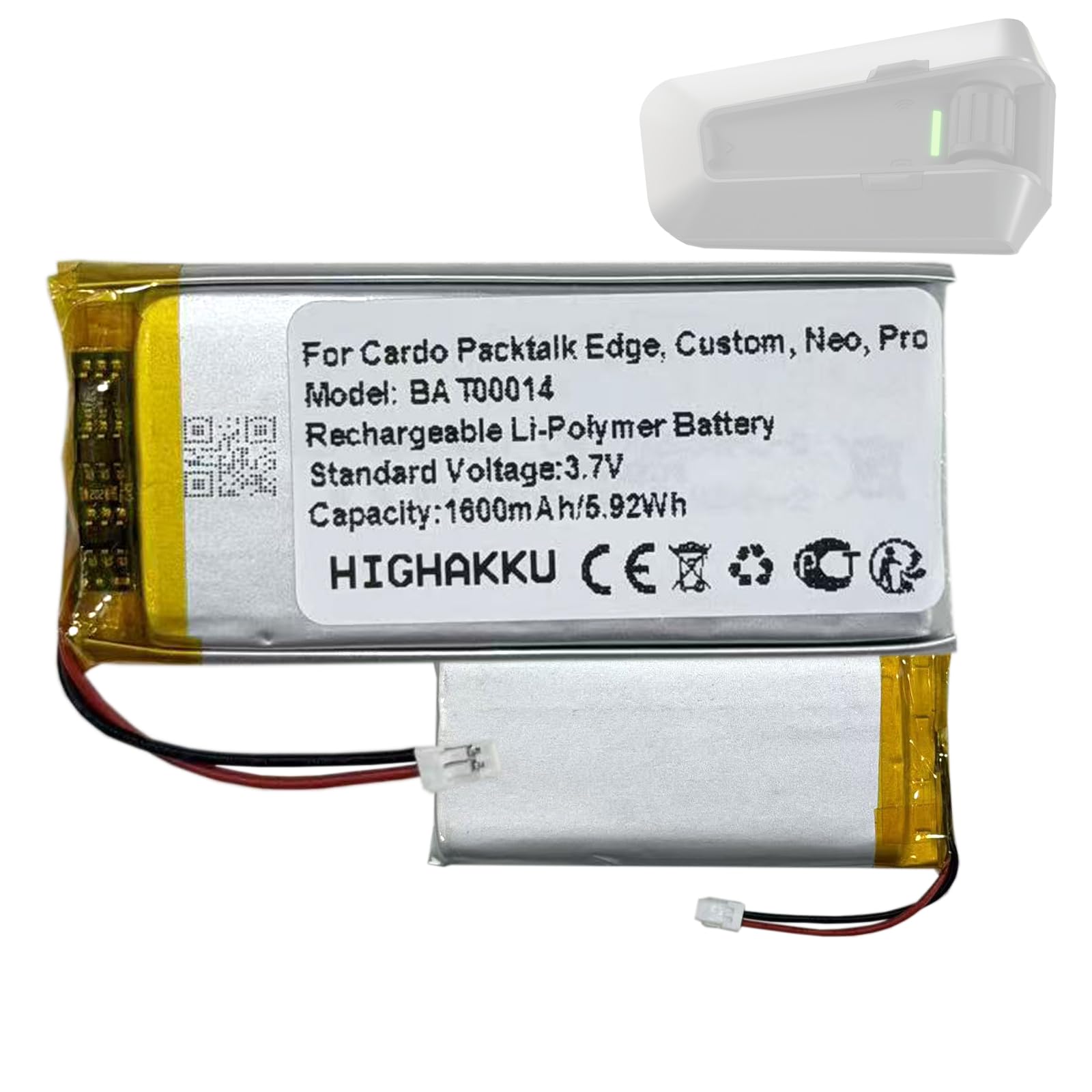 Batería de repuesto BAT00014 compatible con Car-do Packtalk Edge, Packtalk Custom, Packtalk Neo, Packtalk Edgephones, Packtalk Pro, sistema de comunicación Scala Rider Packtalk